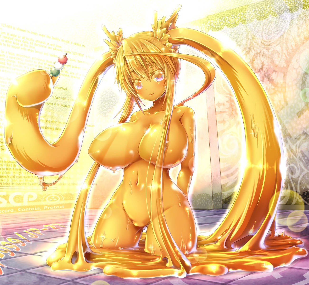 2014 big_breasts blue_eyes breast_focus breasts e621 female female_humanoid food genitals goo_creature goo_humanoid hair hands_behind_back hi_res huge_breasts humanoid long_hair looking_at_viewer monster_girl_(genre) not_furry pigtails prehensile_hair scp-999 scp_foundation shinikake smile solo translucent translucent_body vulva yellow_eyes