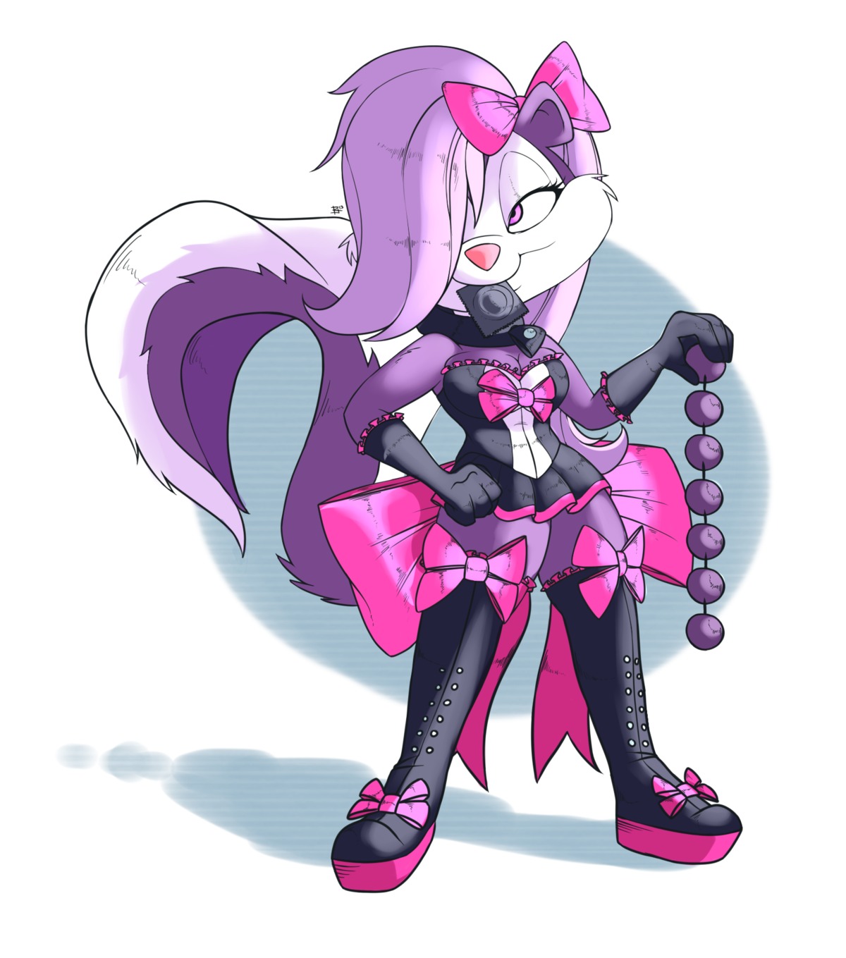accessory anal_beads anthro bedroom_eyes biped boots bow_(feature) bow_accessory bow_ribbon breasts bustier cleavage clothed clothing collar condom condom_in_mouth e621 female fifi_la_fume footwear gloves hair_accessory hair_bow hair_ribbon half-closed_eyes handwear hi_res legwear looking_at_viewer mammal mcic mephitid mouth_hold narrowed_eyes object_in_mouth ribbons seductive sex_toy sexual_barrier_device shoes skunk solo standing striped_skunk thigh_highs tiny_toon_adventures ultrahurtman warner_brothers