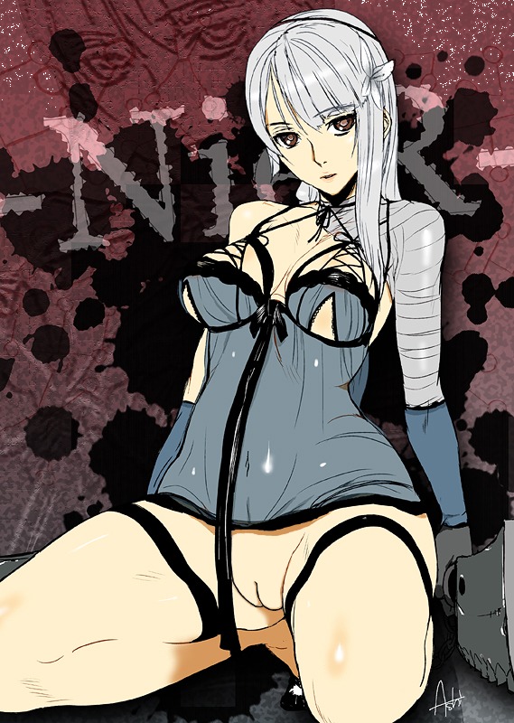 ashiomi_masato bandage bandages brown_eyes female flower kaine_(nier) long_hair nier_(series) nier_replicant photoshop pussy rule34 shaved_pussy silver_hair solo spread_legs uncensored weapon