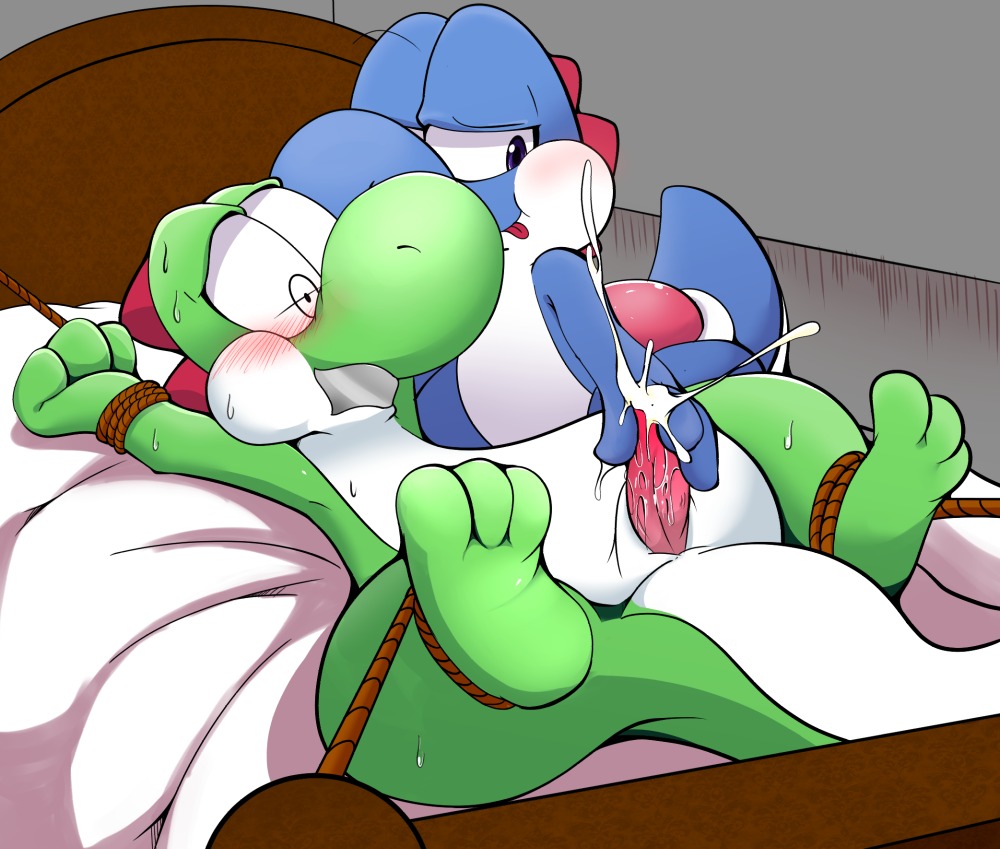 2014 3_fingers 3_toes ambiguous_gender anthro barefoot bdsm bed bed_bondage bedroom big_nose blue_body blue_skin blue_yoshi blush bodily_fluids bondage bound cum cum_on_belly cum_on_body cum_on_penis cumshot duo e621 ejaculation erection feet fingers furniture gag gagged genital_fluids genitals glistening green_body green_skin green_yoshi half-closed_eyes handjob inside looking_down lying m@rt male mario_bros narrowed_eyes nintendo nude on_back open_mouth orgasm penile penis pillow purple_eyes raised_leg reptile rope scalie sex shadow slightly_chubby spread_eagle sweat tail tailbutt tape tape_gag thick_tail toes tongue yoshi