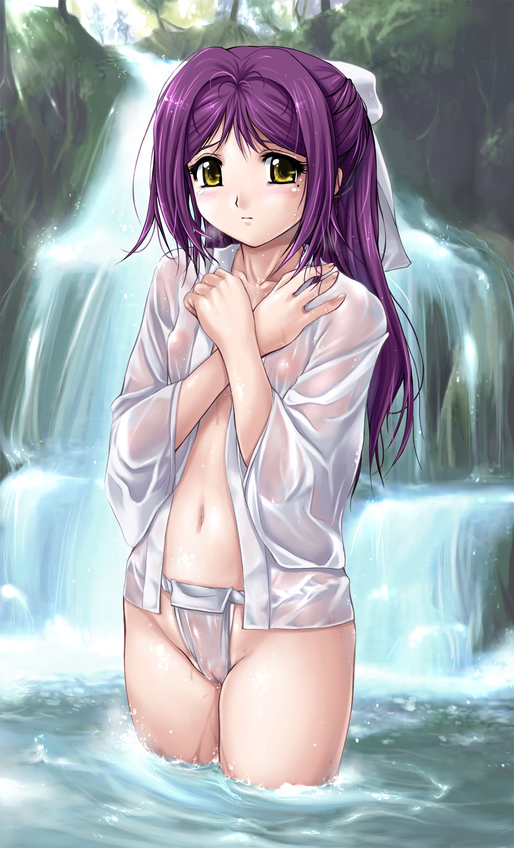 akai_ibara areola areolae blush breasts cameltoe covering covering_breasts crossed_arms female flat_chest fundoshi hair_ribbon happi highres japanese_clothes kimono long_hair mole navel nipples no_bra no_pants open_clothes open_shirt outdoors panties puffy_nipples purple_hair pussy ribbon rule34 see-through shinazu_fujimi shirt solo straight_hair underwear wading water waterfall wet wet_clothes wet_panties yamakasa yellow_eyes zundarepon