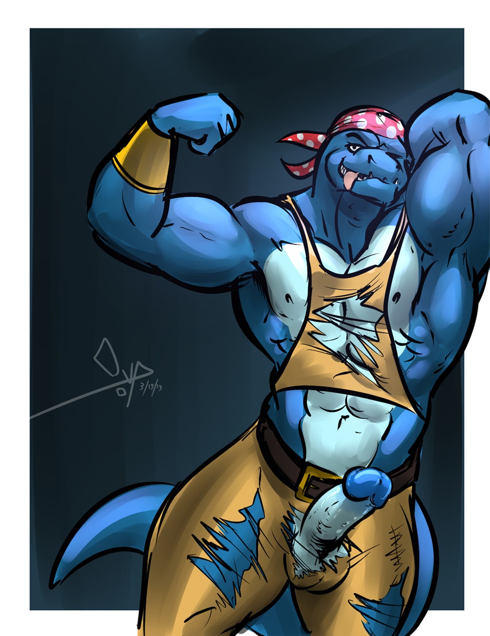 2013 abs anthro balls belt bgn biceps big_muscles big_penis blue_penis border bottomwear circumcised clothing crocodilian digital_media_(artwork) donkey_kong_(series) e621 erection fangs flexing genitals hand_behind_head headgear headkerchief headwear hi_res humanoid_genitalia humanoid_penis kerchief kremling kruncha leaning looking_at_viewer male muscular muscular_anthro muscular_male nintendo nipples nokamarau non-mammal_balls nude outside_border pants pecs penis penis_poking_out pirate reptile scalie shirt simple_background solo tail tank_top teeth tongue tongue_out topwear torn_clothing wristband