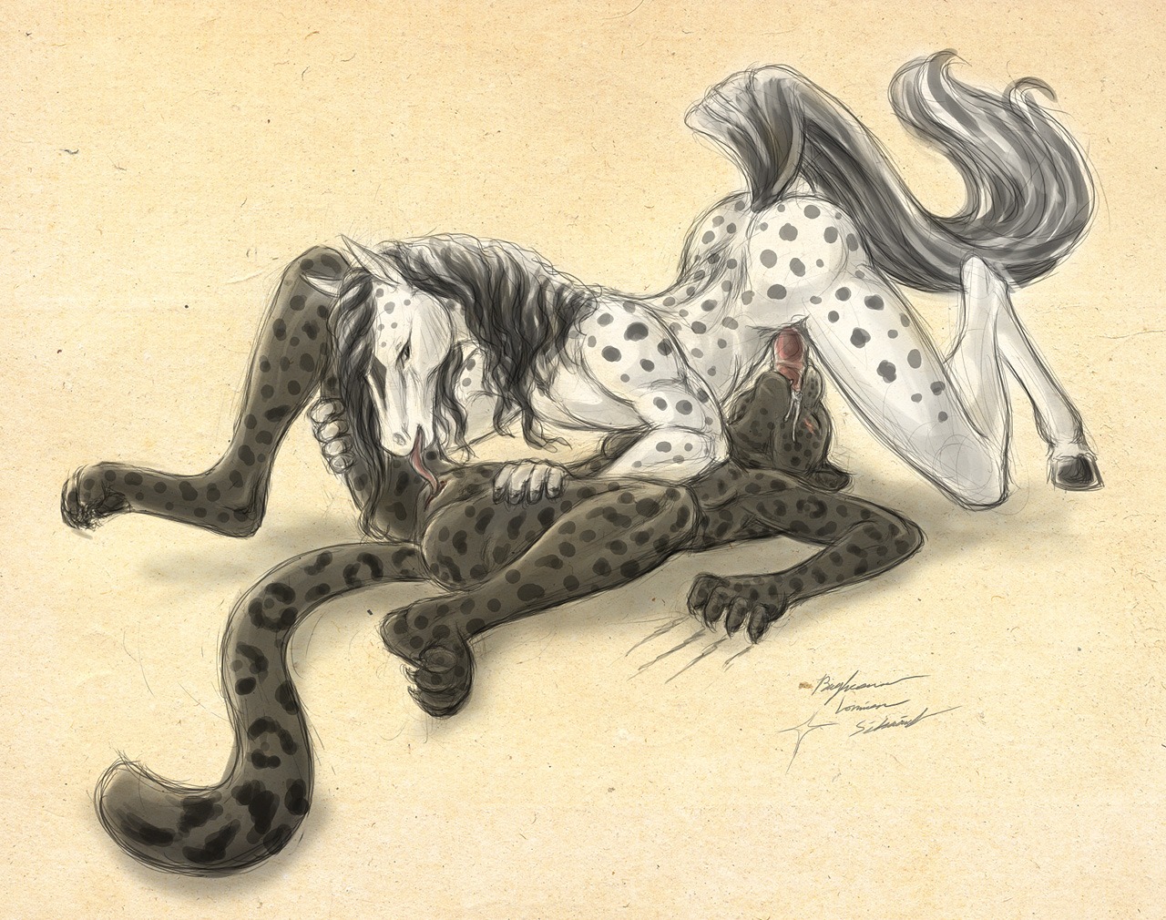 anthro anus bagheera blush bodily_fluids cum cunnilingus duo e621 equid equine erection felid fellatio female genital_fluids genitals hooves horse licking lying male male/female mammal nude on_back oral pantherine penile penis sex spread_legs spreading tail tail_anus tongue tongue_out vaginal vulva