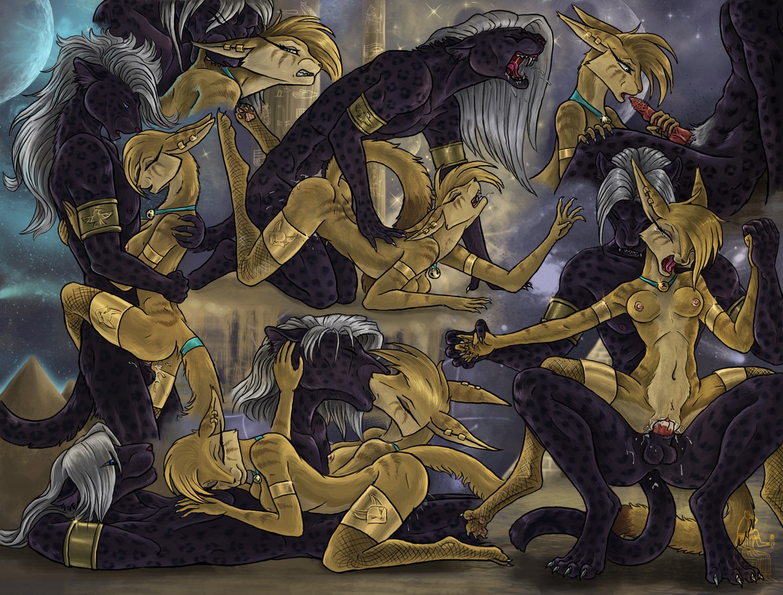 animal_genitalia animal_penis anthro anthro_on_anthro areola armlet ass_up bagheera bagheera_(fursona) balls bell bite bite_mark biting_another biting_partner black_body black_fur blue_eyes bodily_fluids breasts brown_body brown_fur butt claws clothing collar crouching cum cum_in_vagina cum_inside digitigrade domestic_cat drooling duo e621 ear_piercing egyptian erection eyes_closed fangs felid feline feline_genitalia feline_penis felis fellatio female female_penetrated fishnet_clothing french_kissing from_behind_position fur genital_fluids genitals gold_(metal) grey_hair hair hi_res hieroglyphic_text hug jewelry kissing kneeling larger_male leg_wrap legwear leopard long_hair lying male male/female male_penetrating male_penetrating_female mammal mane markings melanistic multiple_positions muscular neck_bite nipples nude on_back open_mouth oral orgasm pantherine pecs pendant penetration penile penile_penetration penile_spines penis penis_in_vagina piercing pink_areola pink_nipples pyramid romantic romantic_couple saliva sanura scruff_bite sex sheath size_difference sketch_page smaller_female smaller_penetrated space sparkles spots spotted_body spotted_fur stockings tail tall teeth tongue vaginal vaginal_penetration vulva wounded