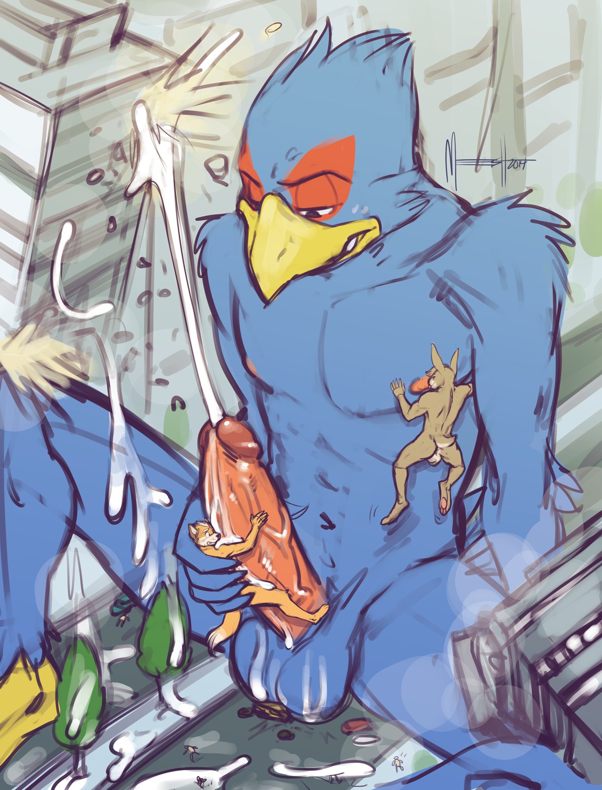 2014 anthro anthro_on_anthro avian beak biped bird blue_body blue_feathers bodily_fluids canid canine cum digital_media_(artwork) e621 erection falco_lombardi feathers fox fox_mccloud genital_fluids genitals group hi_res humanoid_genitalia humanoid_penis jax_rabbit lagomorph leporid macro male male/male mammal masturbation meesh nintendo nipples penile penile_masturbation penis rabbit sex solo_focus star_fox tail