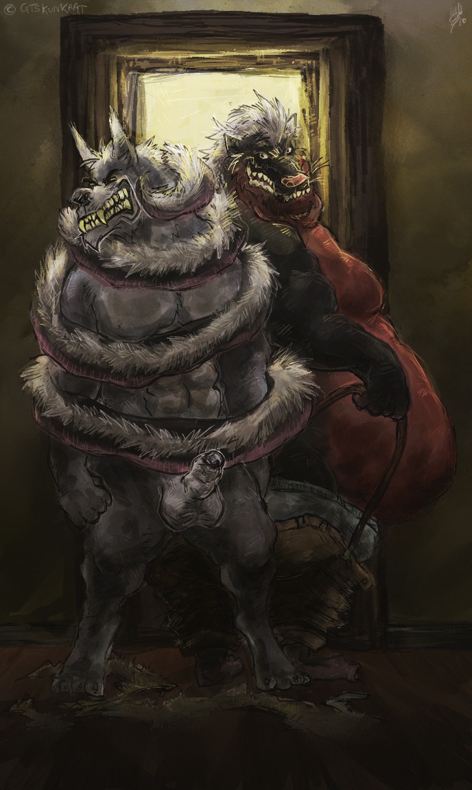 anthro aokamidu balls biceps big_balls big_penis canid canine canis domestic_dog duo e621 erection fur genitals gtskunkrat_(character) hybrid long_tail male male/male mammal muscular nude overweight penis slightly_chubby tail wolf