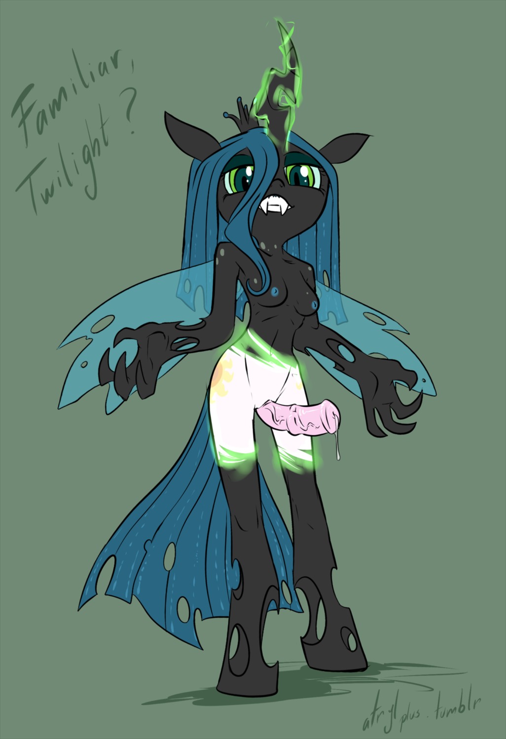 2012 anthro anthrofied arthropod atryl bodily_fluids breasts changeling_(mlp) digital_media_(artwork) e621 erection friendship_is_magic genital_fluids genitals green_eyes gynomorph hasbro hi_res insect_wings intersex looking_at_viewer my_little_pony nude penis precum queen_chrysalis_(mlp) sackless solo tail wings