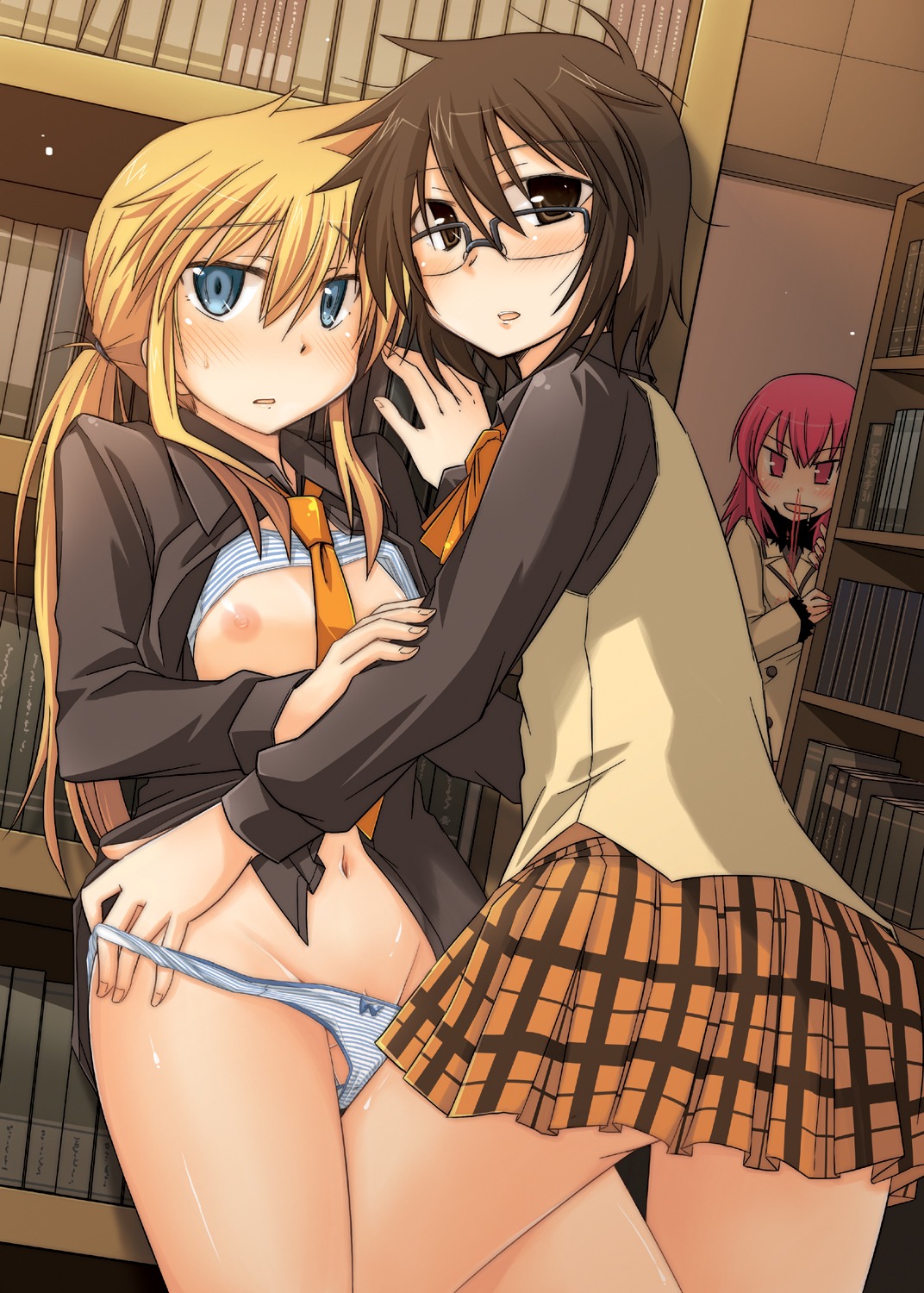 ass blonde_hair blood blue_eyes blush bookshelf bra bra_lift breasts brown_eyes brown_hair caught female frottage glasses highres hyakko indoors kageyama_torako kazamatsuri_touma library lingerie long_hair multiple_females multiple_girls necktie nosebleed open_clothes open_shirt panties panty_pull peeping pikachi ponytail public red_hair rule34 school_uniform shirt shirt_lift short_hair skirt straight_hair striped striped_bra striped_panties tied_hair underwear undressing voyeurism yuri