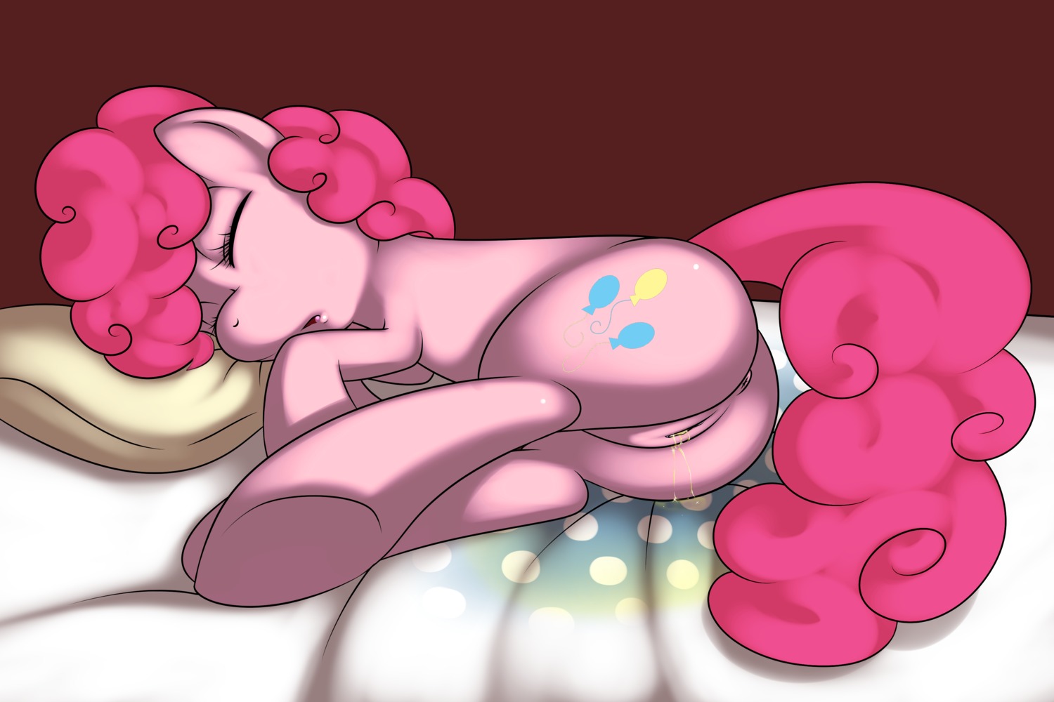 2013 3:2 absurd_res anus bed bedwetting bodily_fluids butt curly_hair cutie_mark digital_media_(artwork) e621 earth_pony equid equine eyes_closed female feral friendship_is_magic fur furniture genital_fluids genitals hair hasbro hi_res horse kloudmutt mammal my_little_pony on_bed peeing peeing_on_furniture pink_body pink_fur pink_hair pink_tail pinkie_pie_(mlp) pony sleeping solo tail urine vulva wetting