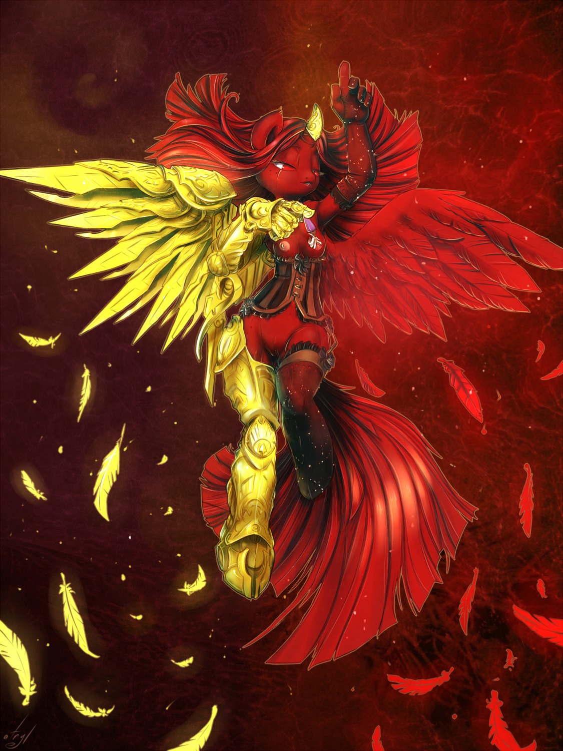 3:4 abstract_background anthro armor atryl body_modification breasts brush clothing corset digital_media_(artwork) e621 equid equine fan_character feathered_wings feathers female fingerless_gloves garter_straps genitals gloves hair handwear hasbro hi_res horn legwear lingerie mammal mechanical_wings my_little_pony mythological_creature mythological_equine mythology nipples piercing prosthetic prosthetic_limb red_body red_eyes red_hair scar simple_background solo stockings tail topwear velvet_star vulva winged_unicorn wings