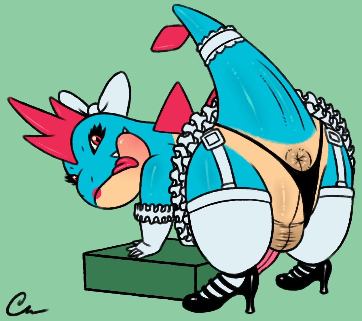 accessory ankle_strap_heels anus arm_garter armwear backsack balls bent_over blush butt clothed clothing clothing_aside crocodilian croconaw crossdressing cutout_heels digital_media_(artwork) dress e621 elbow_gloves erection footwear full-length_portrait furgonomics garter garter_straps generation_2_pokemon genitals gloves handwear high_heels legwear lipstick looking_at_viewer makeup male nintendo panties panties_aside penis pokemon pokemon_(species) portrait presenting presenting_hindquarters pumps red_eyes reptile scalie shoes solo stockings tail tail_accessory tail_garter tongue tongue_out underwear underwear_aside wide_hips zeeman