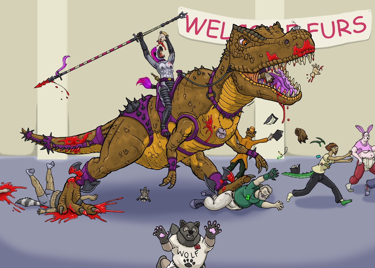 armor beard blood bodily_fluids canid canine canis clothing collar convention costume death decapitation dinosaur e621 facial_hair feral fursecution fursuit group hard_vore human lagomorph leporid macro male mammal moobs prehistoric_species procyonid rabbit raccoon reptile saurischian scalie severed_body_part severed_head stomping strega tail theropod tyrannosaurid tyrannosauroid tyrannosaurus tyrannosaurus_rex vore what wolf