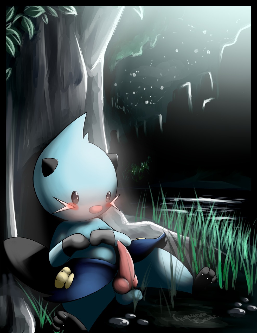 anthro balls black_body blush bodily_fluids border cum curious dark detailed_background dewott digital_media_(artwork) e621 erection evolution full_moon generation_5_pokemon genital_fluids genitals grass hi_res khuraji knot light male mammal moon moonlight mustelid night nintendo penis plant pokemon pokemon_(species) precum reflection semi-anthro shell shota solo star tree water young young_anthro