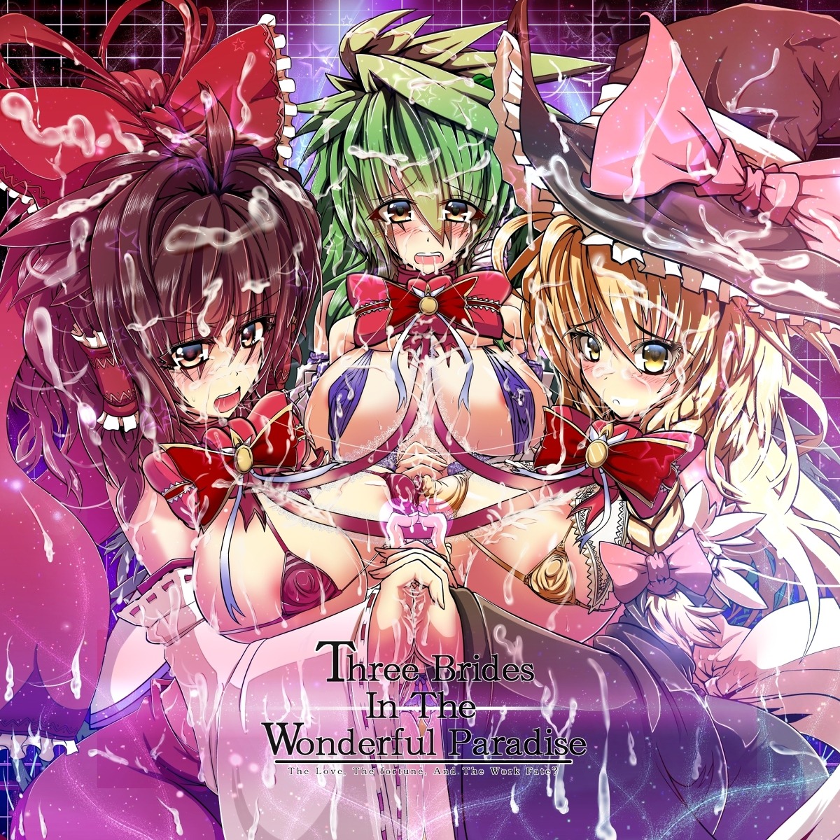 3girls areolae bell bikini bikini_top blonde_hair bow breast_press breasts brown_eyes brown_hair cum cum_on_body detached_sleeves female green_hair hairbow hat highres huge_breasts human japanese_clothes jingle_bell large_breasts long_hair marisa_kirisame micro_bikini multiple_females multiple_girls reimu_hakurei ribbon rule34 sanae_kochiya sling_bikini swimsuit tony_man touhou witch_hat yellow_eyes