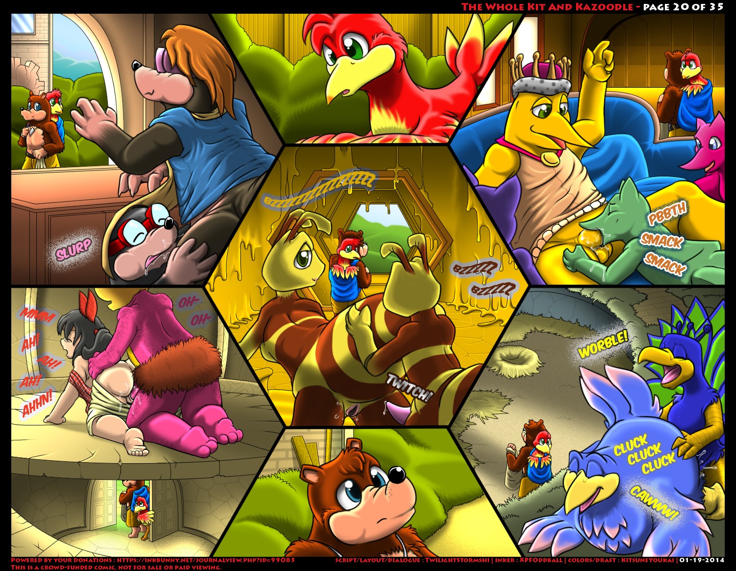 2014 alfred_p_cock all_fours animal_genitalia antennae_(anatomy) anthro apron arthropod avian backpack banjo-kazooie banjo_(banjo-kazooie) beak bear bee bird black_hair blouse blue_eyes bodily_fluids bottles_(banjo-kazooie) bottomless bottomwear breath breegull brown_body brown_fur brown_hair chicken clothed clothing comic counter crown cunnilingus doggystyle e621 english_text erection eulipotyphlan exhibitionism eyewear feathered_wings feathers fellatio female feral from_behind_position fur galliform gasp genital_fluids genitals goggles green_eyes group hair happy happy_sex harem headgear heggy_the_hen hive honey_b._(banjo-kazooie) human humba_wumba hymenopteran imminent_sex insect inside interspecies jewelry jinjo kazooie king_jingaling kitsune_youkai male male/female mammal moan mole_(animal) mrs._bottles mumbo_jumbo_(banjo-kazooie) nest nintendo nude oral outside palace panting partially_clothed peafowl pendant penile penis phasianid precum raised_tail rareware sex shirt shorts smile sound_effects spread_legs spreading tail tapering_penis text tongue topless topwear twilightstormshi vaginal vaginal_fluids voyeur vulva wet window wings