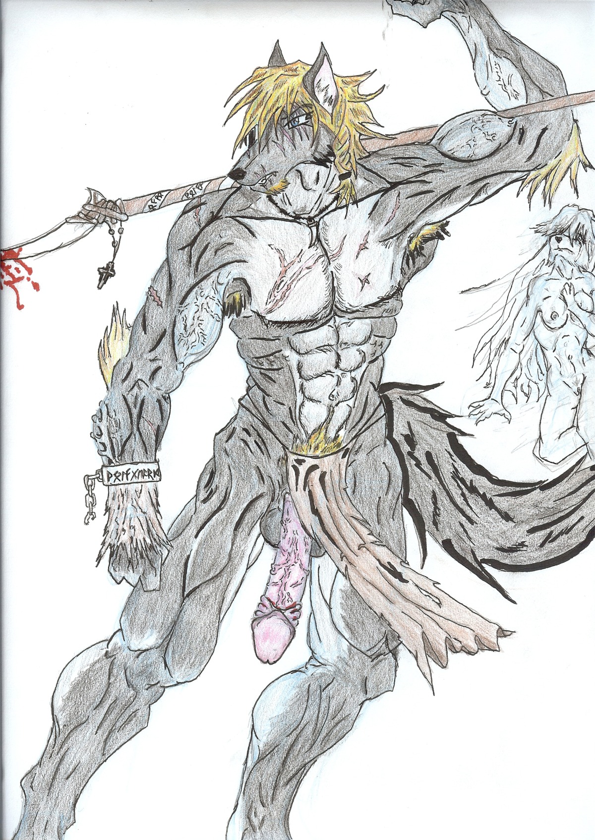 absurd_res anthro armpit_hair balls blonde_hair blood blue_eyes bodily_fluids body_hair bottomwear breasts canid canine chain clothing cross cuff_(restraint) duo e621 eye_patch eyewear fangs female flaccid fur genitals grey_body grey_fur hair hi_res loincloth long_hair long_penis male mammal melee_weapon muscular mythological_canine mythological_creature mythology nipples nude penis polearm pubes restraints runes scar shackles simple_background solo_focus standing tail teeth traditional_media_(artwork) vein vulva warklaw weapon werecanid werecanine werecreature werewolf white_background