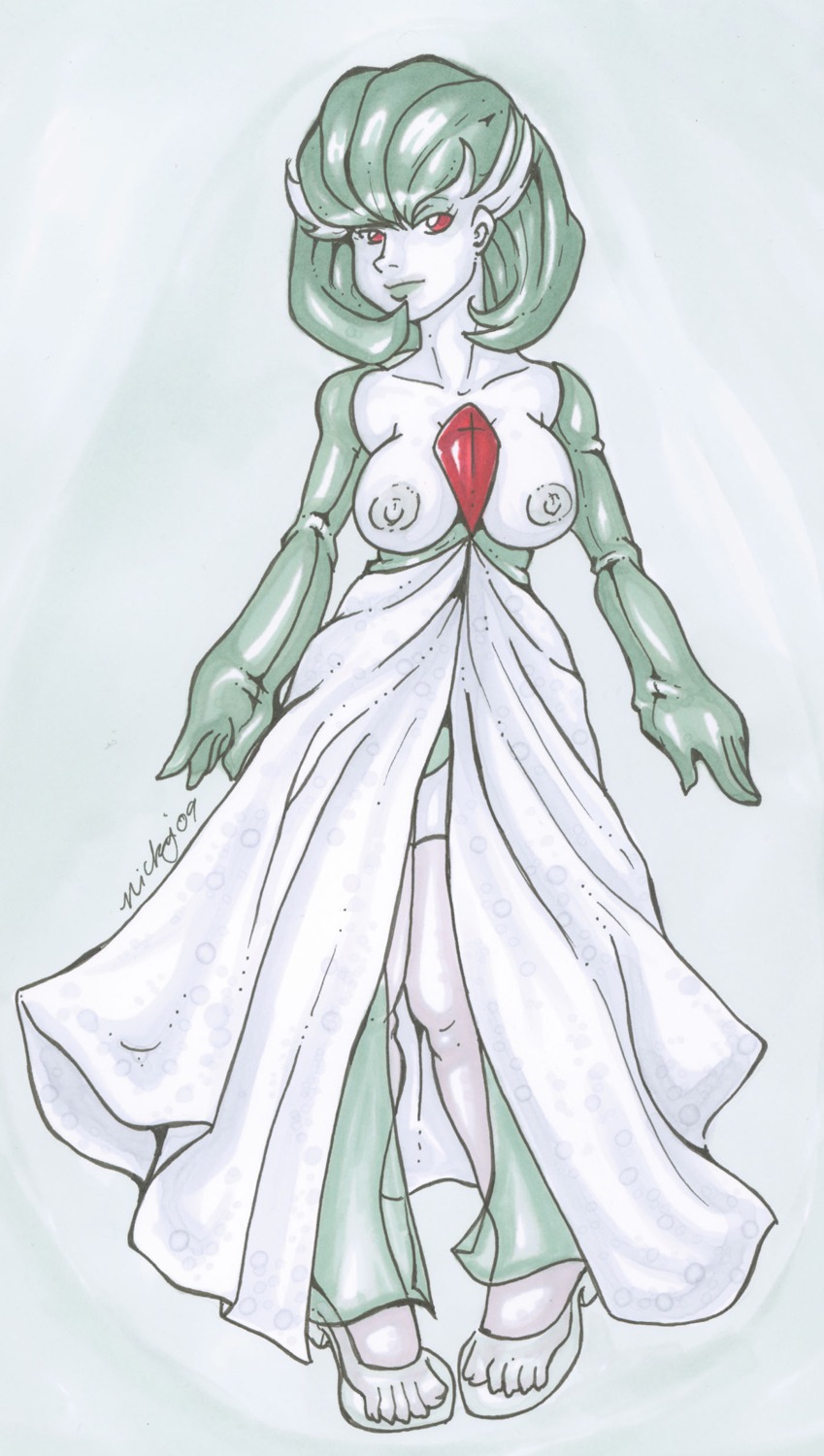 2009 anthro breasts clothes color female female_gardevoir female_only front_view gardevoir green_hair hair nickyflamingo nipples pokemon pokemon_(species) pokemon_rse rule34 solo standing tagme white_skin