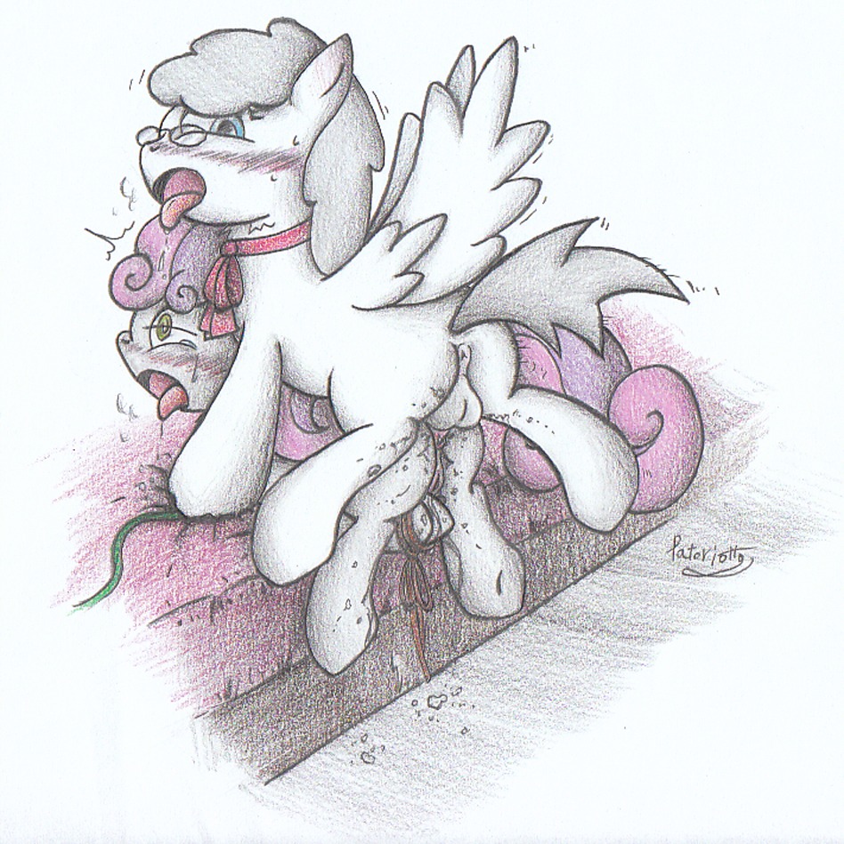 2013 anal anal_penetration anus balls blue_eyes blush bound duo e621 equid equine erection eyewear fan_character feathered_wings feathers female female_penetrated feral friendship_is_magic fur genitals glasses grey_hair hair hasbro male male/female male_penetrating male_penetrating_female mammal multicolored_hair my_little_pony mythological_creature mythological_equine mythology nude open_mouth patoriotto patty_coupy pegasus penetration penis sex sweetie_belle_(mlp) tongue tongue_out traditional_media_(artwork) two_tone_hair white_body white_fur wings young young_feral