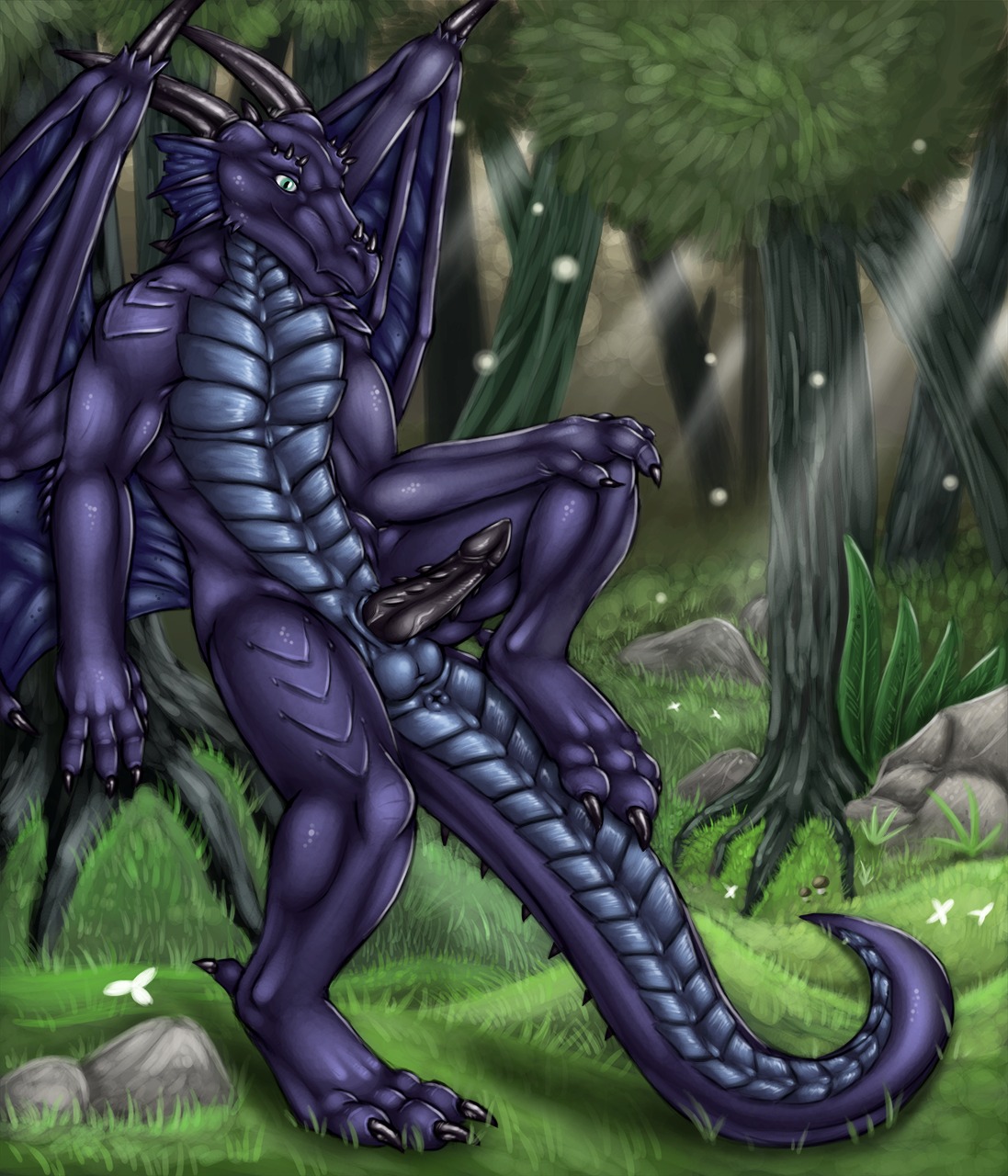 2012 3_toes anthro anus balls biped black_penis claws detailed_background digitigrade dragon drakonus e621 erection feet forest genitals grass green_eyes hi_res hildale hindpaw horn male membrane_(anatomy) membranous_wings mythological_creature mythological_scalie mythology nature nude outside paws penile_spines penis plant purple_body purple_scales rock scales scalie solo standing tail toes tree wings