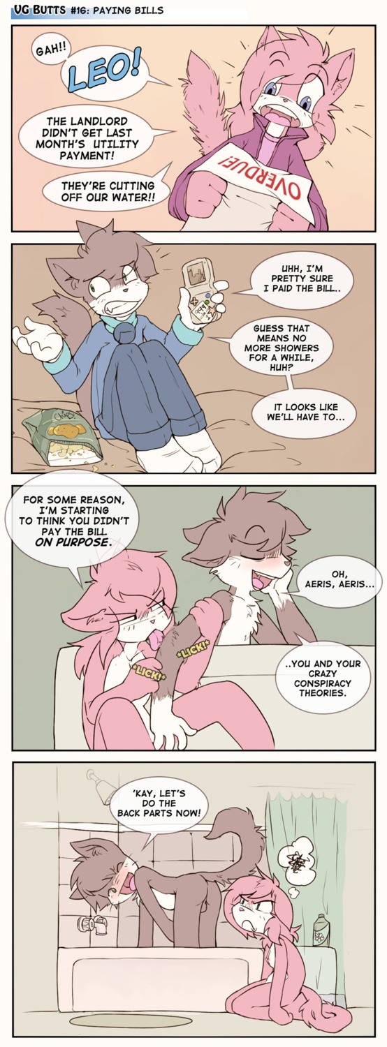 aeris_(vg_cats) anthro balls bathtub bent_over blue_eyes blush breasts butt chips_(food) clothing comic countershading dialogue domestic_cat duo e621 english_text eyes_closed felid feline felis female food forced fur genitals green_eyes grey_body grey_fur grey_hair hair hi_res leo_(vg_cats) licking male mammal nipples nude one_eye_closed orangebox pink_body pink_fur pink_hair presenting presenting_hindquarters rug tail text tongue tongue_bath tongue_out vg_cats vgbutts