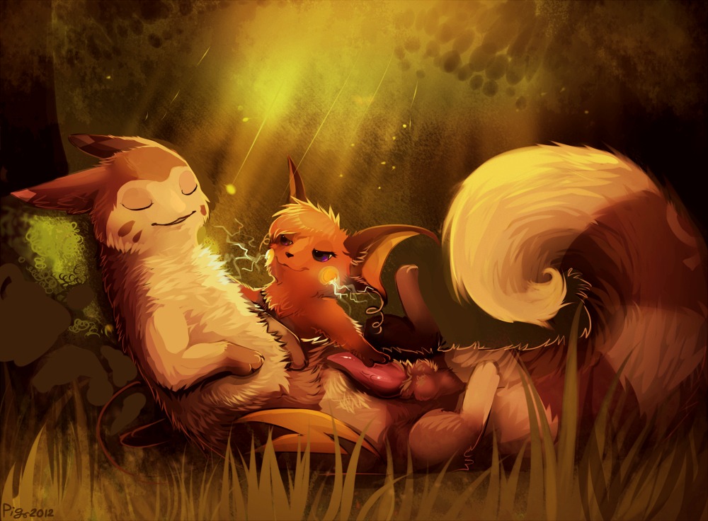 2012 ambiguous_gender detailed_background duo e621 electricity erection eyes_closed feral fluffy furret generation_1_pokemon generation_2_pokemon genitals handjob legs_up long_tail lying male mammal mustelid nature nintendo on_back outside penile penis plant pokemon pokemon_(species) raichu rodent romantic romantic_ambiance romantic_couple sepiaflux sex spread_legs spreading tail tapering_penis tree wood