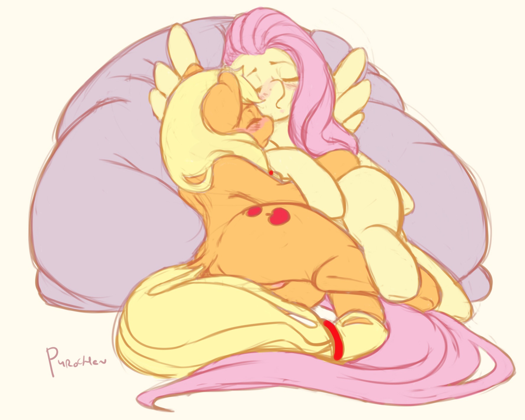 applejack_(mlp) blonde_hair blush butt cutie_mark duo e621 earth_pony equid equine eyes_closed feathered_wings feathers female feral fluttershy_(mlp) friendship_is_magic fur genitals hair hasbro hi_res horse long_hair mammal my_little_pony mythological_creature mythological_equine mythology orange_body orange_fur pegasus pillow pink_hair pony purochen signature simple_background sleeping vulva white_background wings yellow_body yellow_feathers yellow_fur