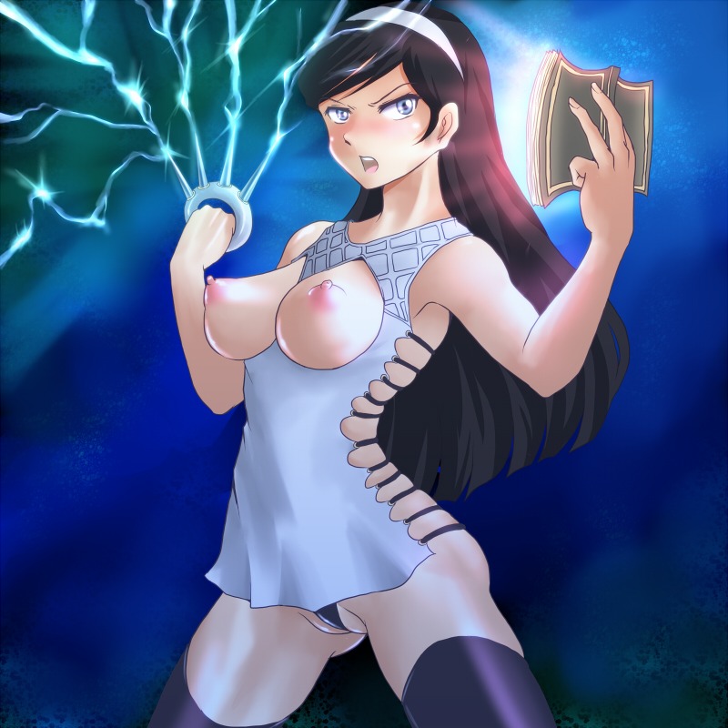 black_legwear black_thighhighs blue_eyes book breastless_clothes breastless_clothing breasts clothing female hairband kumashiro_maya nipples occult_academy panties partially_visible_vulva pointy_chin pussy rule34 seikimatsu_occult_gakuin thighhighs uncensored wancozow