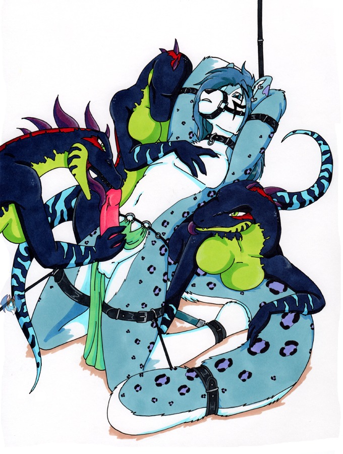 anthro balls bdsm bondage bound breasts canid canine dominant dominant_female e621 erection fellatio female forced foursome genitals group group_sex humanoid_genitalia humanoid_penis interspecies licking male male/female mammal muzzle_(object) muzzled nude oral penile penis penis_lick rape reptile restraints reverse_forced_oral scalie sex spreader_bar submissive submissive_male tail tail_bondage tail_tied tierafoxglove tongue tongue_out