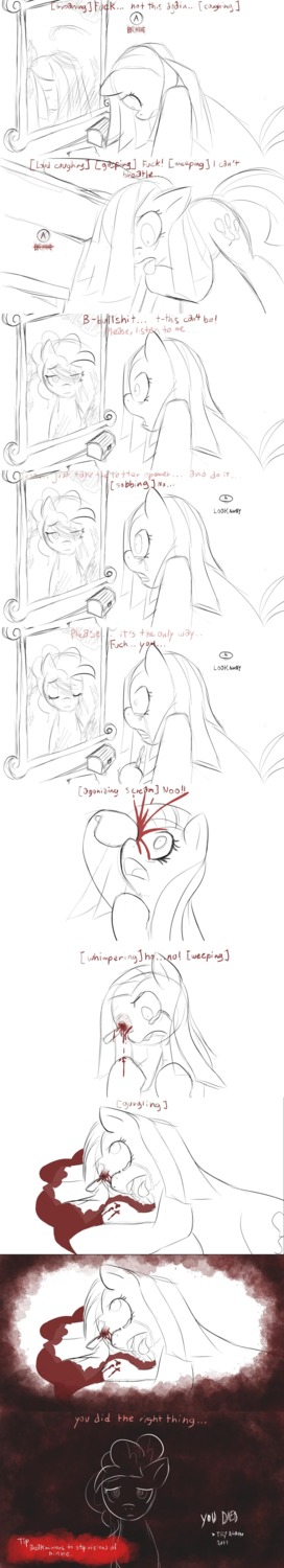 absurd_res bad_end blood bodily_fluids box button_prompt comic container crossover crying cutie_mark death dialogue drooling e621 earth_pony english_text equid equine female feral friendship_is_magic grimdark haiku_oezu hasbro hi_res horse insane knife long_image looking_at_mirror looking_at_object mammal mirror monochrome my_little_pony pinkamena_(mlp) pinkie_pie_(mlp) pony quick_time_event reflection saliva solo suicide tall_image tears text weapon
