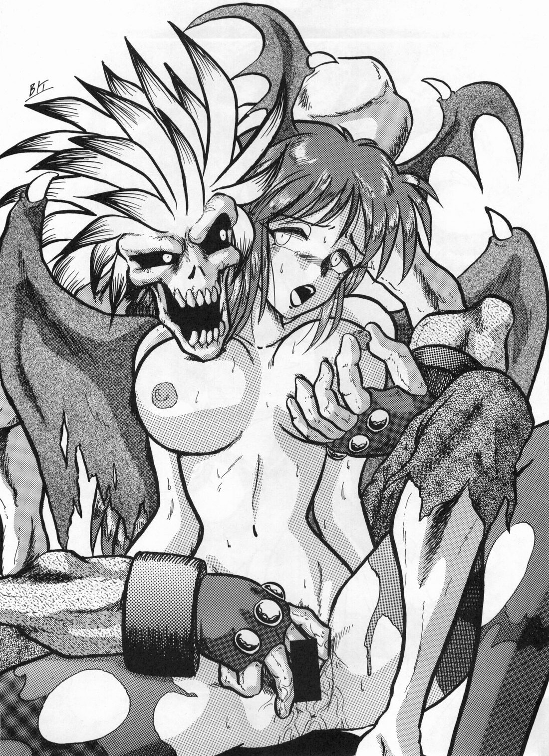 1990s 1994 20th_century bit_(kacchuu_musume) black_and_white breasts censored darkstalkers female fingering lord_raptor medium_breasts morrigan_aensland rule34 tagme