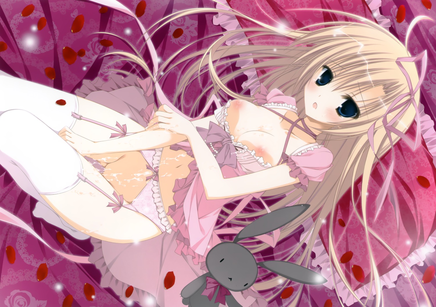 anime_style blonde_hair breasts cum cute female garter_belt inugami_kira looking_at_viewer nipples no_bra no_panties nopan plushie rule34 tagme