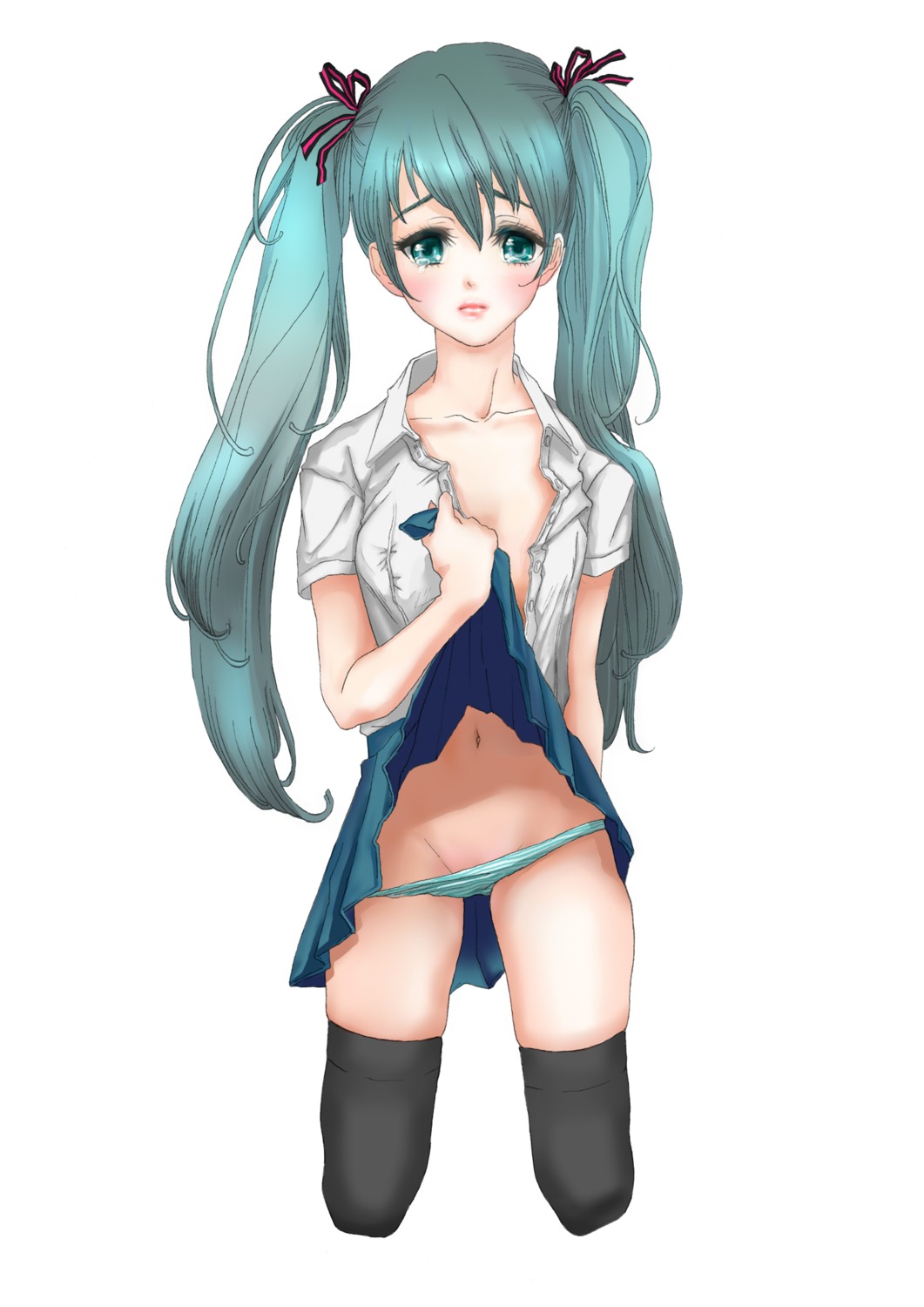 1girl 1girls 2d aqua_eyes aqua_hair artist_request bangs big_breasts black_thighhighs blue_eyes blue_hair blue_panties blue_skirt breasts buttoned_shirt clothes_lift color crying crying_with_eyes_open female female_only hair_ribbon hatsune_miku light-skinned_female light_skin long_hair navel open_clothes open_shirt panties panty_pull pleated_skirt ribbon rule34 shirt simple_background skirt skirt_lift solo striped striped_panties thighhighs twintails underwear vocaloid white_background