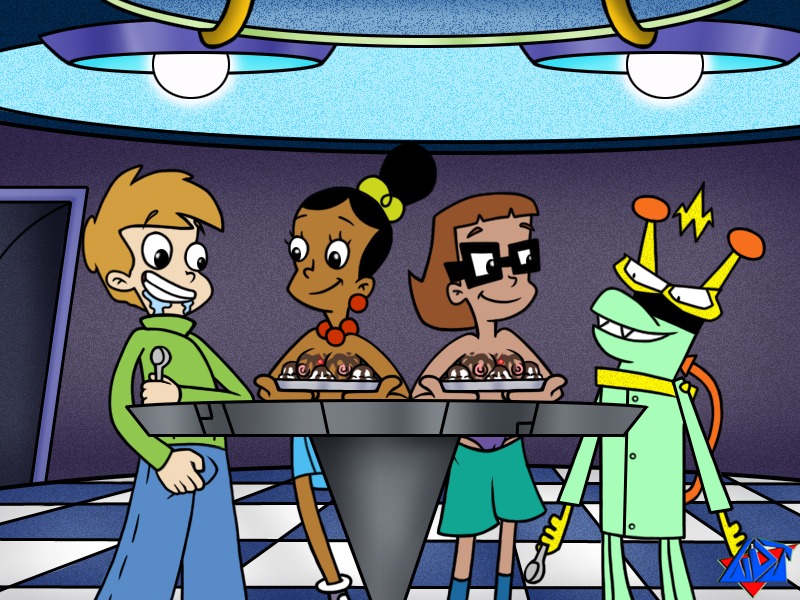 1boy 2girls areolae black_eyes black_hair breasts brown_hair bulge clothed cream cream_on_breasts cyberchase dark-skinned_female dark_skin delete_(cyberchase) female food glasses human inez_(cyberchase) jackie_(cyberchase) male matt_(cyberchase) nipples rule34 shorts skirt smile standing topless wdj