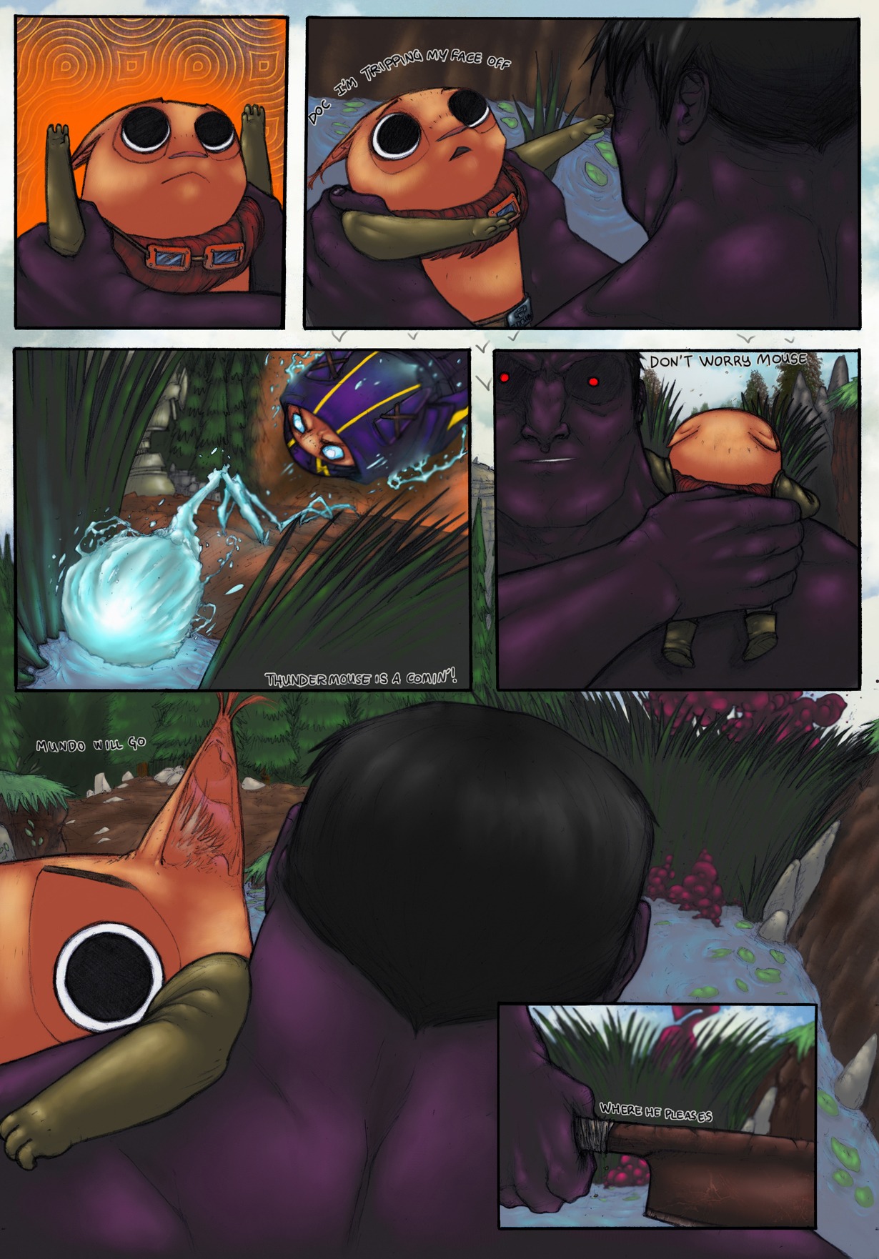 anthro comic dialogue digital_media_(artwork) dr._mundo_(lol) e621 english_text group hi_res kennen_(lol) league_of_legends male riot_games teemo_(lol) tencent text thanekats yordle