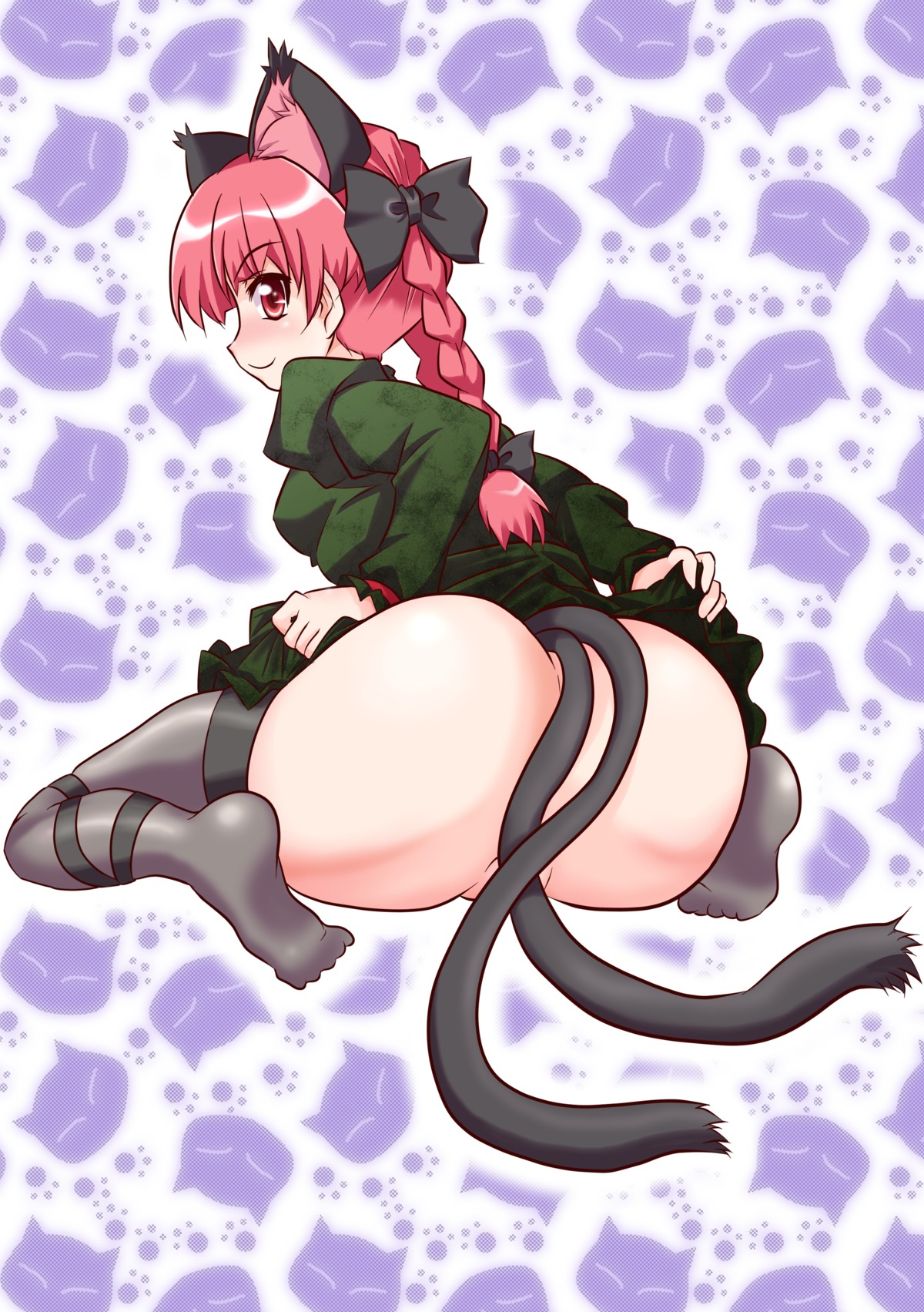 animal_ears ass black_legwear black_thighhighs braid cat_ears cat_tail censored convenient_censoring female fur high_resolution kairakuen_umenoka looking_back multi_ear multi_tail no_panties pussy red_eyes red_hair rin_kaenbyou rule34 solo tail thighhighs tied_hair tougall touhou twin_braids twintails