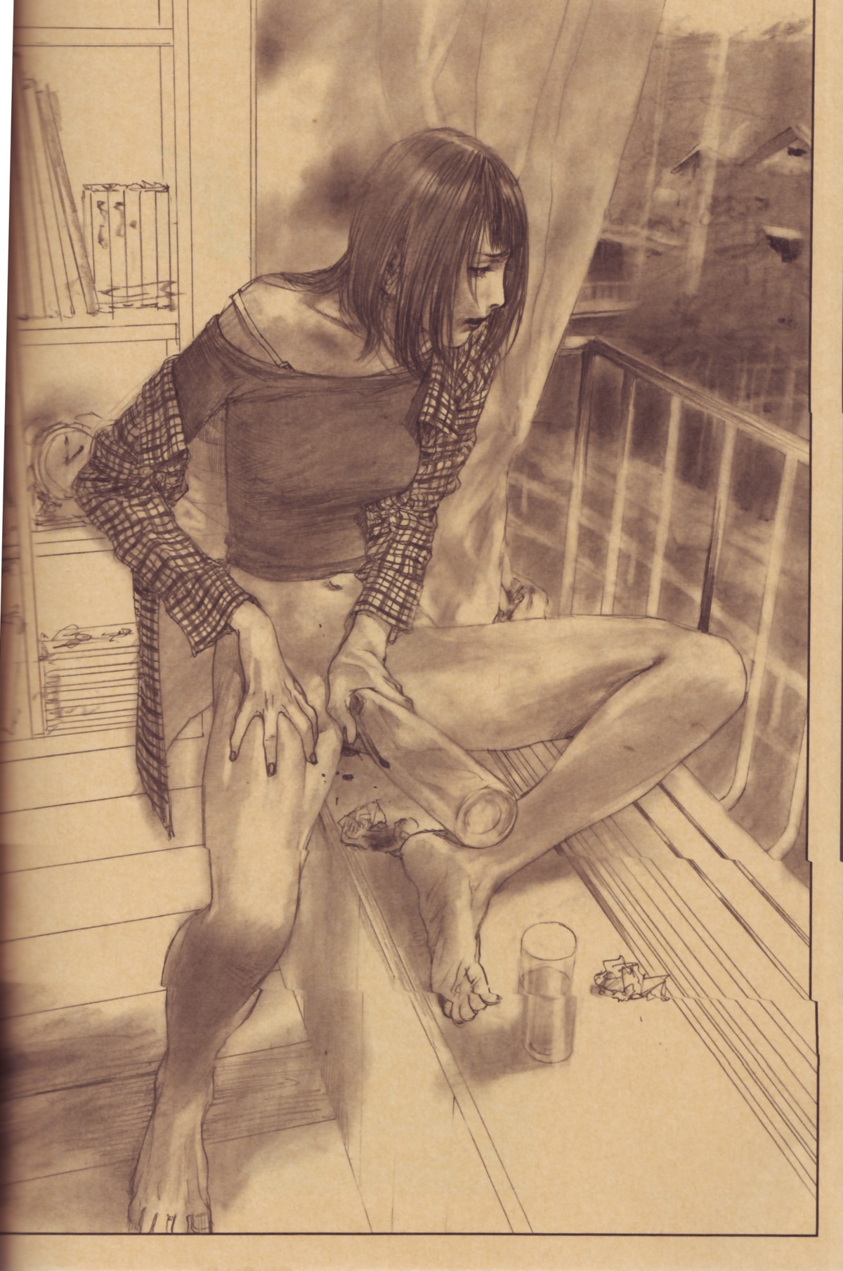 balcony barefoot blood book bookcase bookshelf bottle bottomless clock closed_eyes feet female glass gore guro highres hiroaki_samura masturbation monochrome navel pencil rule34 scan toes