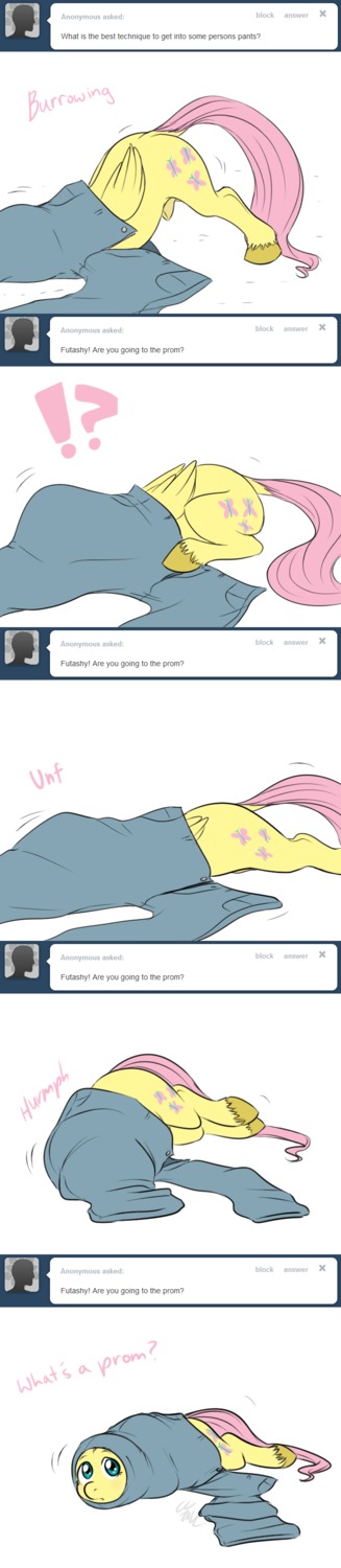 2012 absurd_res animal_genitalia ask_blog ass_up bent_over blue_eyes blush bottomwear cartoonlion cartoonlion's_futaverse clothed clothing comic crossgender cutie_mark dialogue dock_(anatomy) e621 english_text equid equine exclamation_point fan_character feathered_wings feathers feral fetlocks fluttershy_(mlp) friendship_is_magic fully_sheathed fur futashy_(cartoonlion) genitals hair hasbro hi_res hooves interrobang long_image looking_at_viewer lying male mammal my_little_pony mythological_creature mythological_equine mythology on_front on_side pants partially_clothed pegasus pink_hair question_mark sheath signature simple_background solo tail tall_image text tumblr white_background wings yellow_body yellow_feathers yellow_fur
