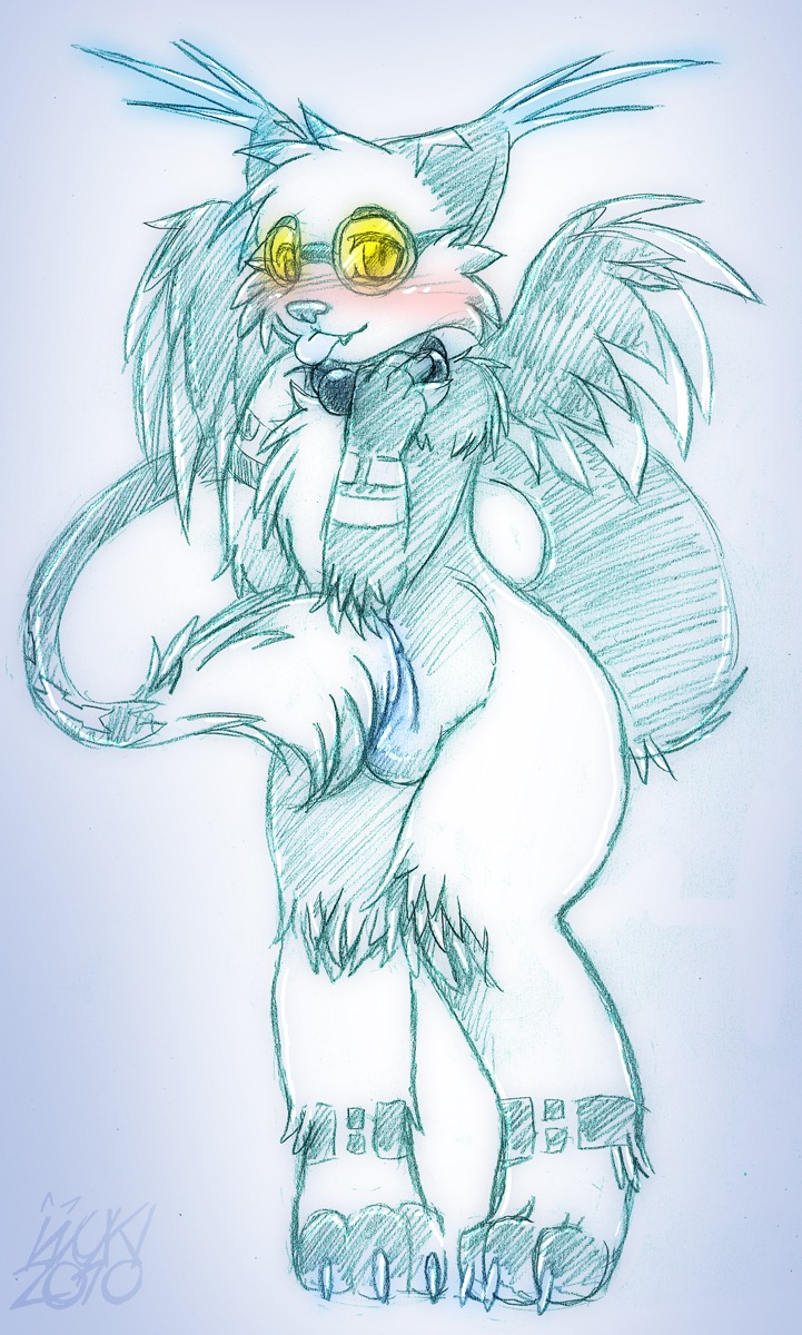 1boy 2010 balls blush canine collar covering_self digitigrade dragon fangs glasses hybrid inuki looking_at_viewer male male_only nude penis rule34 scalie solo standing tail tail_tuft teeth tongue wings wolf