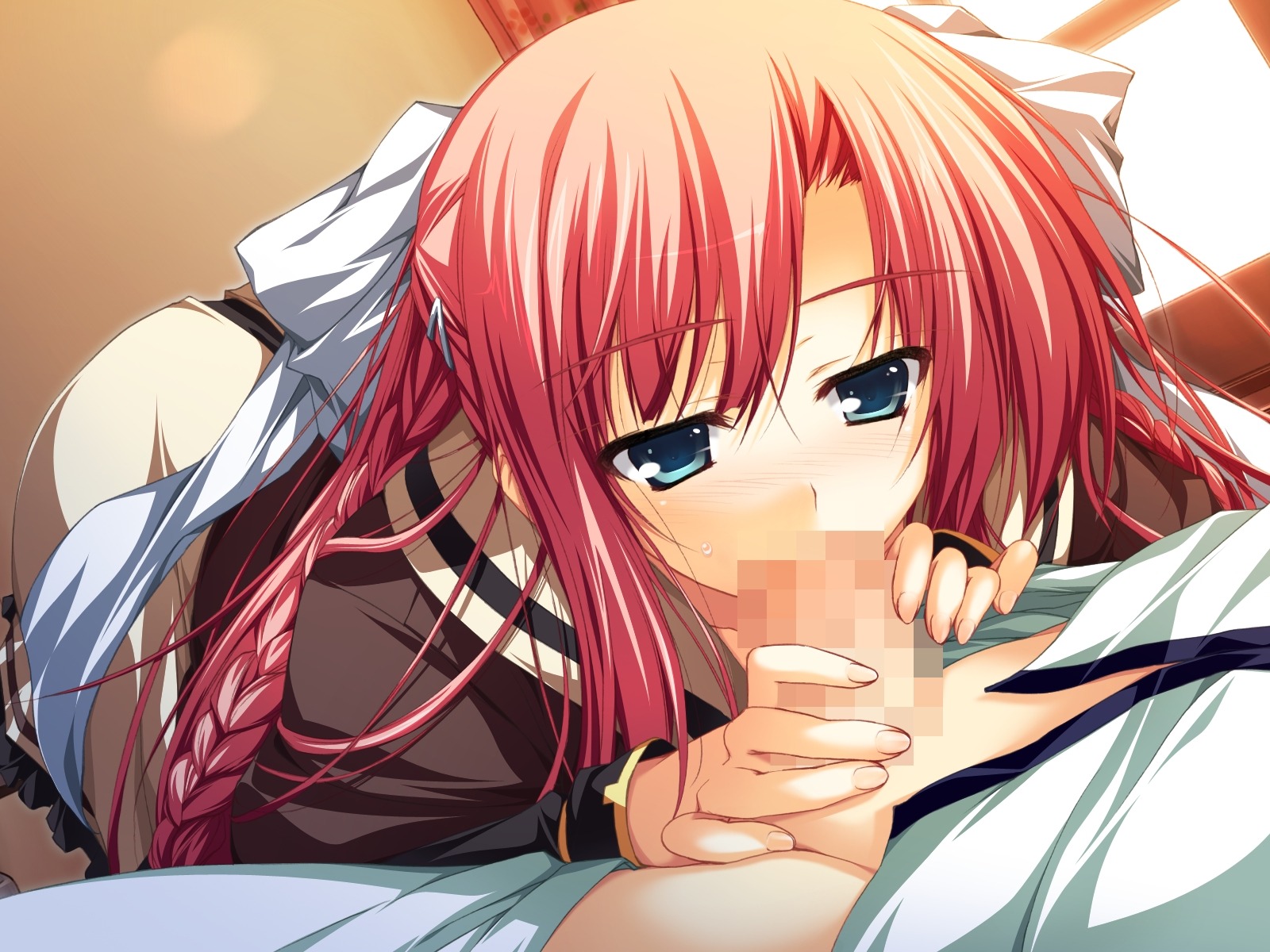 1boy 1girls akatsuki_no_goei blush censored fellatio female game_cg hair male nikaidou_aya oral penis red_hair rule34 straight tomose_shunsaku