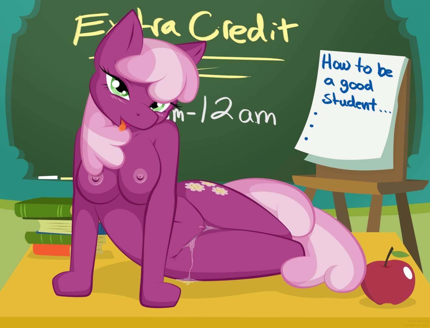 2011 anthro anthrofied apple blush bodily_fluids book breasts chalkboard cheerilee_(mlp) cutie_mark e621 earth_pony english_text equid equine female female_anthro food friendship_is_magic fruit fur genital_fluids genitals green_eyes hair hasbro hi_res horse information_board long_hair looking_at_viewer mammal multicolored_hair my_little_pony navel nipples nude nude_anthro nude_female pink_body pink_fur pink_hair plant pony solo tail teacher text tongue vaginal_fluids vulva whitmaverick