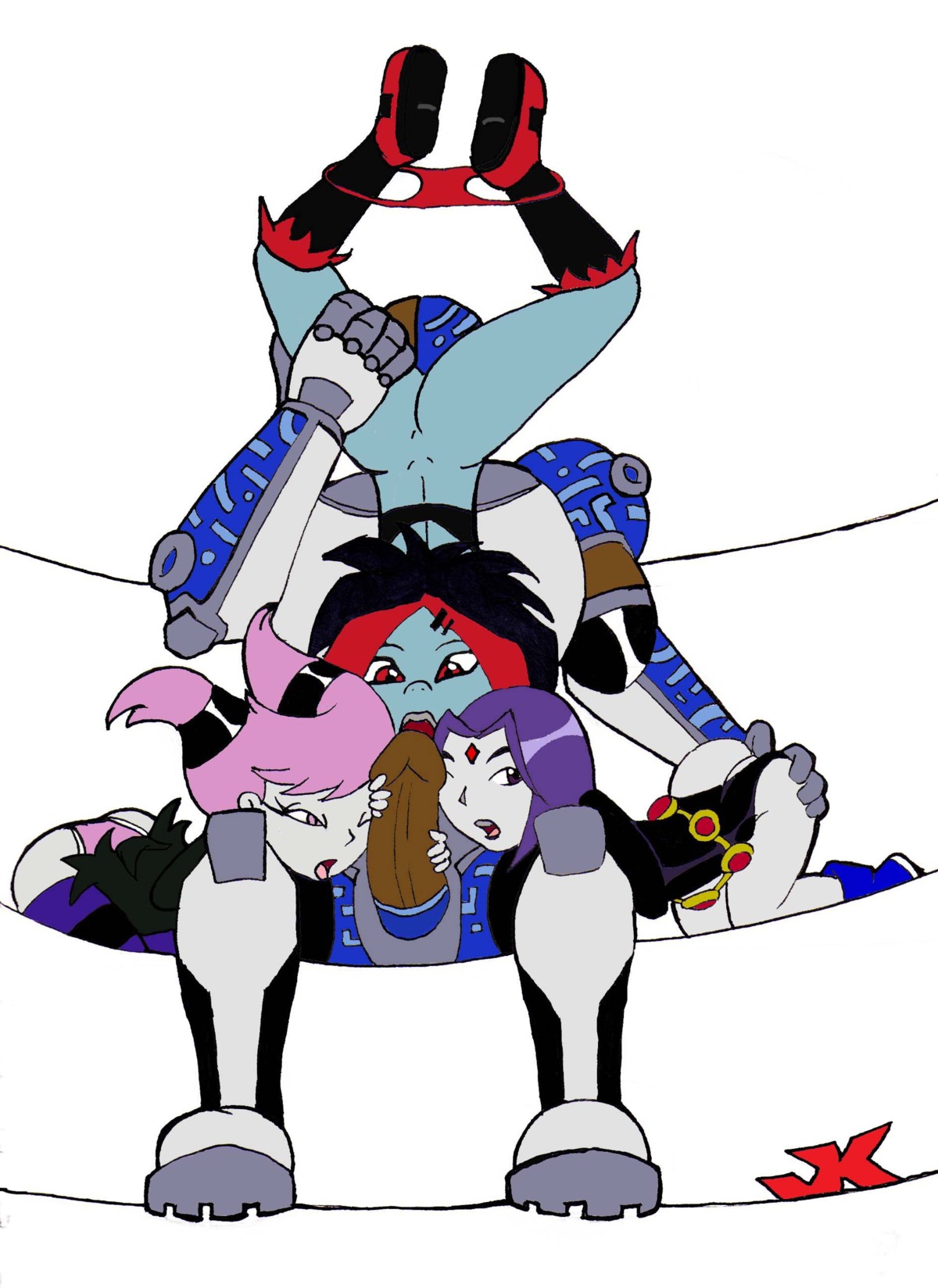 1boy 2d 3girls argent_(dc) blue_hair cyborg_(dc) dark-skinned_male dark_skin dc dc_comics female fffm_foursome foursome goth grey_skin imminent_sex interracial jinx_(dc) jk male multiple_females multiple_girls penis pink_hair rachel_roth raven_(dc) rule34 straight straight_hair superhero superheroine supervillain teen_titans two-tone_hair