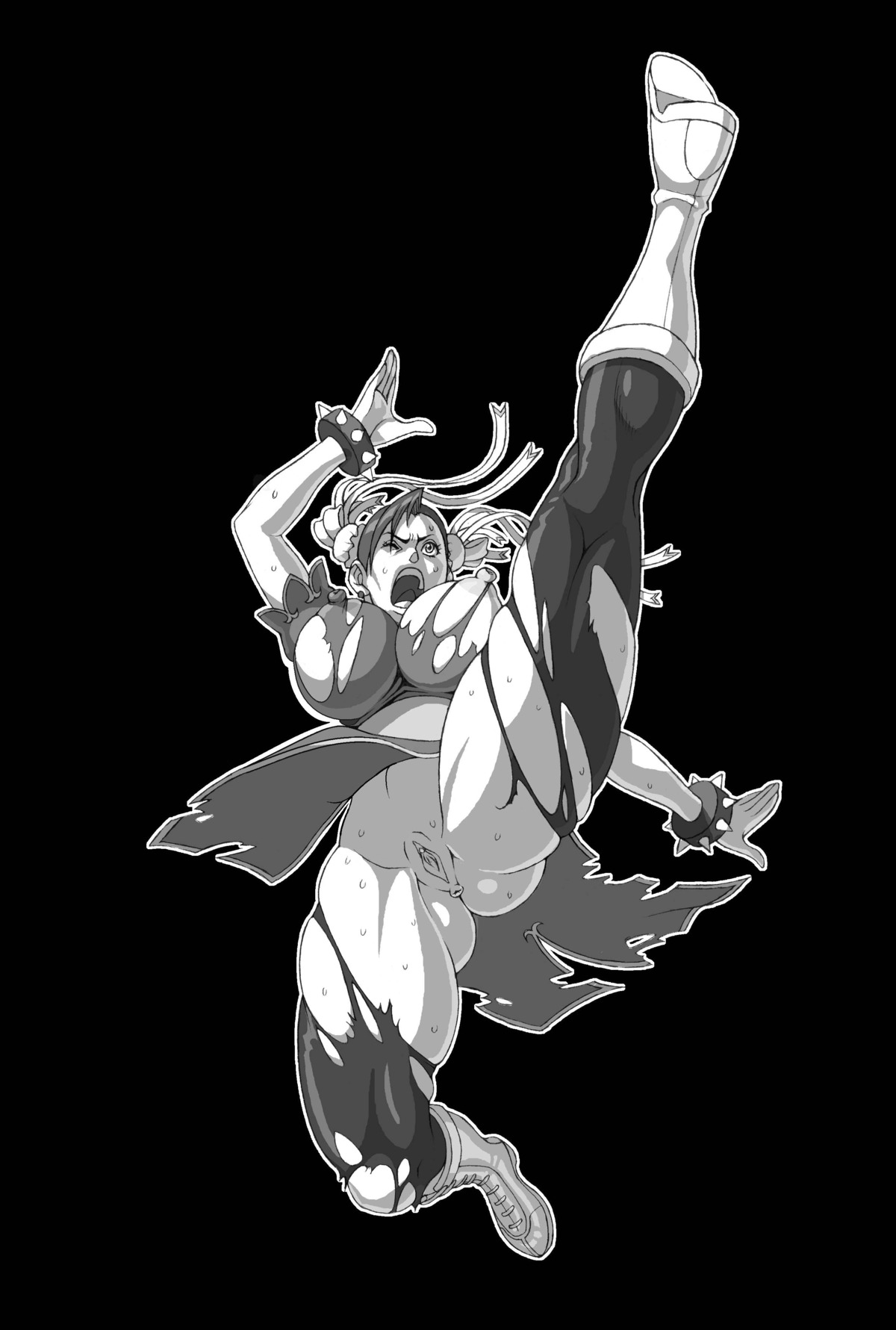 1girls anus breasts capcom chun-li clitoris cum double_bun female female_only high_resolution human kick kicking monochrome nipples pantyhose pussy rule34 solo straight_hair street_fighter street_fighter_ii sweat torn_clothes torn_pantyhose uncensored