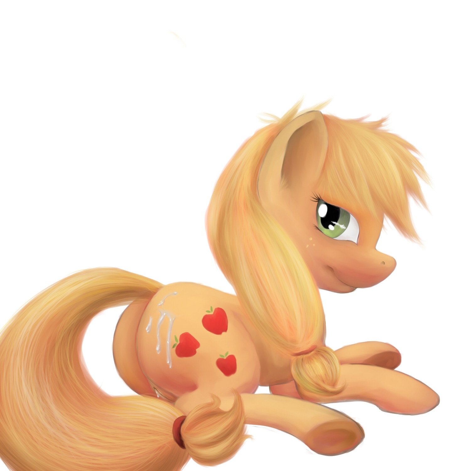 1:1 2012 applejack_(mlp) blonde_hair bodily_fluids cum cum_in_vagina cum_inside cutie_mark dustyvalentino e621 earth_pony equid equine female feral food friendship_is_magic fruit genital_fluids genitals green_eyes hair hasbro hi_res horse long_hair mammal my_little_pony plant pony quadruped solo tail vulva