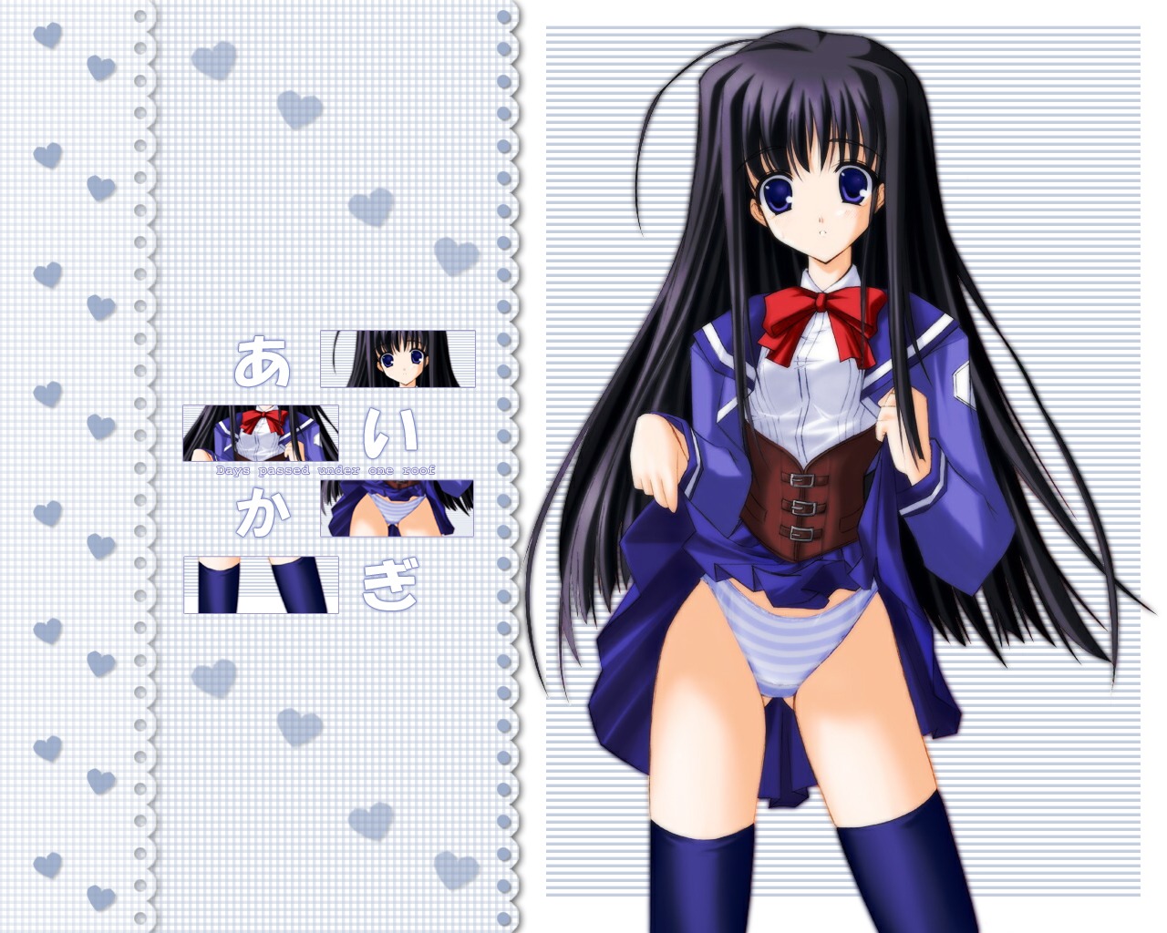 5:4 aikagi_~hidamari_to_kanojo_no_heyagi~ black_legwear blue_panties female game_cg hazuki_chika highleg highleg_panties panties rule34 school_uniform seifuku serafuku solo striped striped_panties thighhighs underwear wallpaper