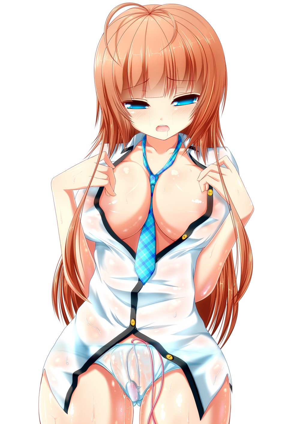 blue_eyes blush breasts brown_hair female highres long_hair necktie no_bra open_mouth original panties pussy pussy_juice rule34 saliva see-through syroh underwear vibrator vibrator_under_panties wet_panties