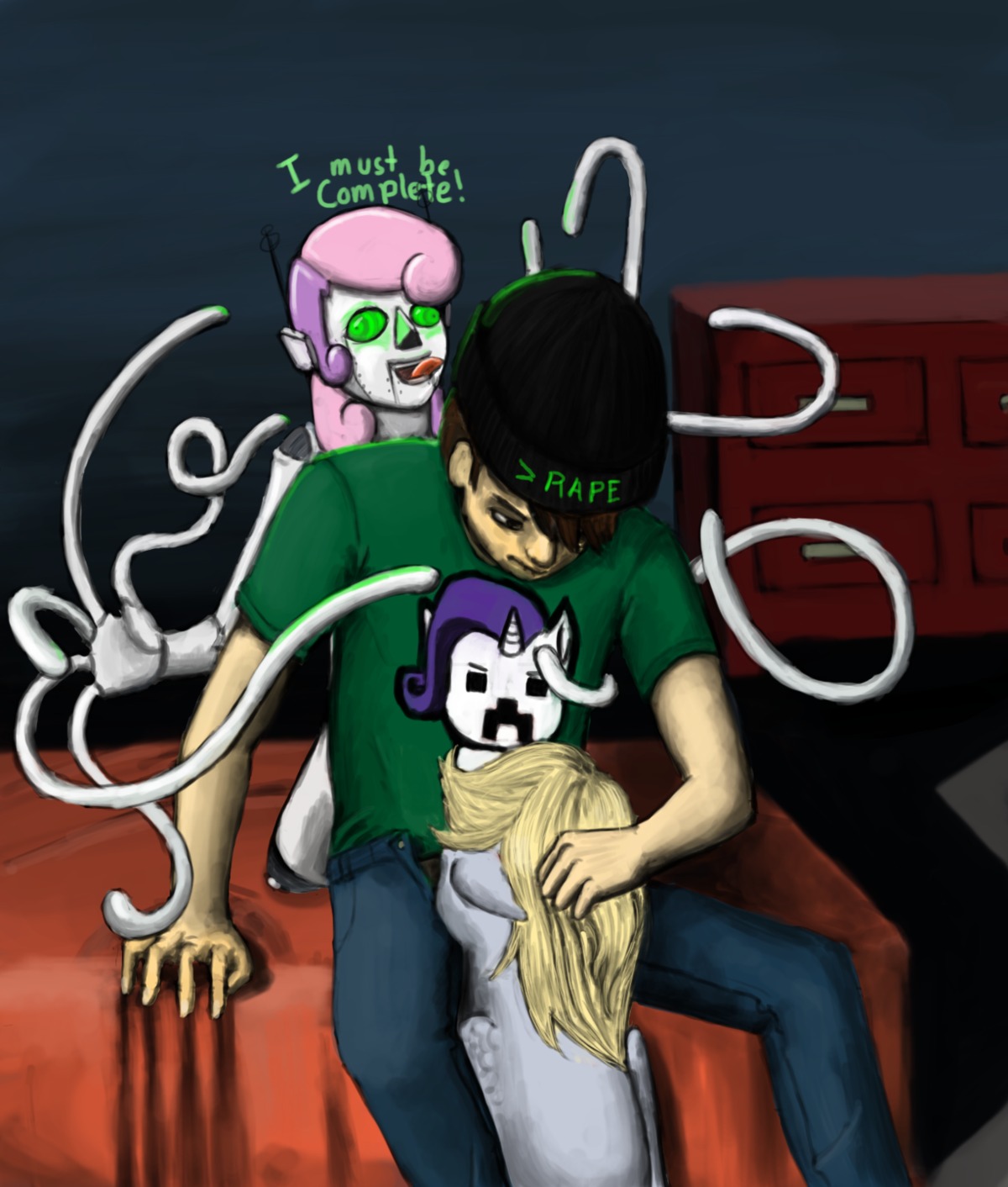 2012 alternate_species bed clothing creeper_(minecraft) crossover derpy_hooves_(mlp) detailed_background e621 equid equine feathered_wings feathers fellatio female female_raped forced friendship_is_magic friendship_is_witchcraft furniture grey_body grey_feathers group hasbro hi_res horn horse human inside interspecies machine male male/female male_rape male_raping_female mammal microsoft minecraft mingers mojang my_little_pony mythological_creature mythological_equine mythology oral pegasus penile pony rape rarity_(mlp) ratchieftain robot sex sweetie_belle_(mlp) sweetie_bot_(mlp) unicorn what wings xbox_game_studios