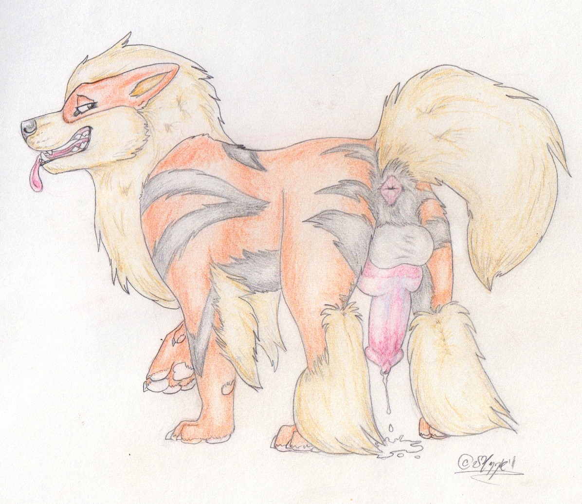 anatomically_correct anatomically_correct_genitalia anatomically_correct_penis animal_genitalia animal_penis anus arcanine backsack balls black_body black_fur black_nose bodily_fluids canid canine canine_genitalia canine_penis claws cum cum_drip dewclaw digitigrade dripping e621 erection fangs feral fluffy fur generation_1_pokemon genital_fluids genitals knot looking_back male mammal neck_tuft nintendo orange_body orange_fur pawpads penis pokemon pokemon_(species) pose presenting raised_tail simple_background solo stripes tail teeth tongue tongue_out traditional_media_(artwork) tuft white_background windpaw yellow_body yellow_fur