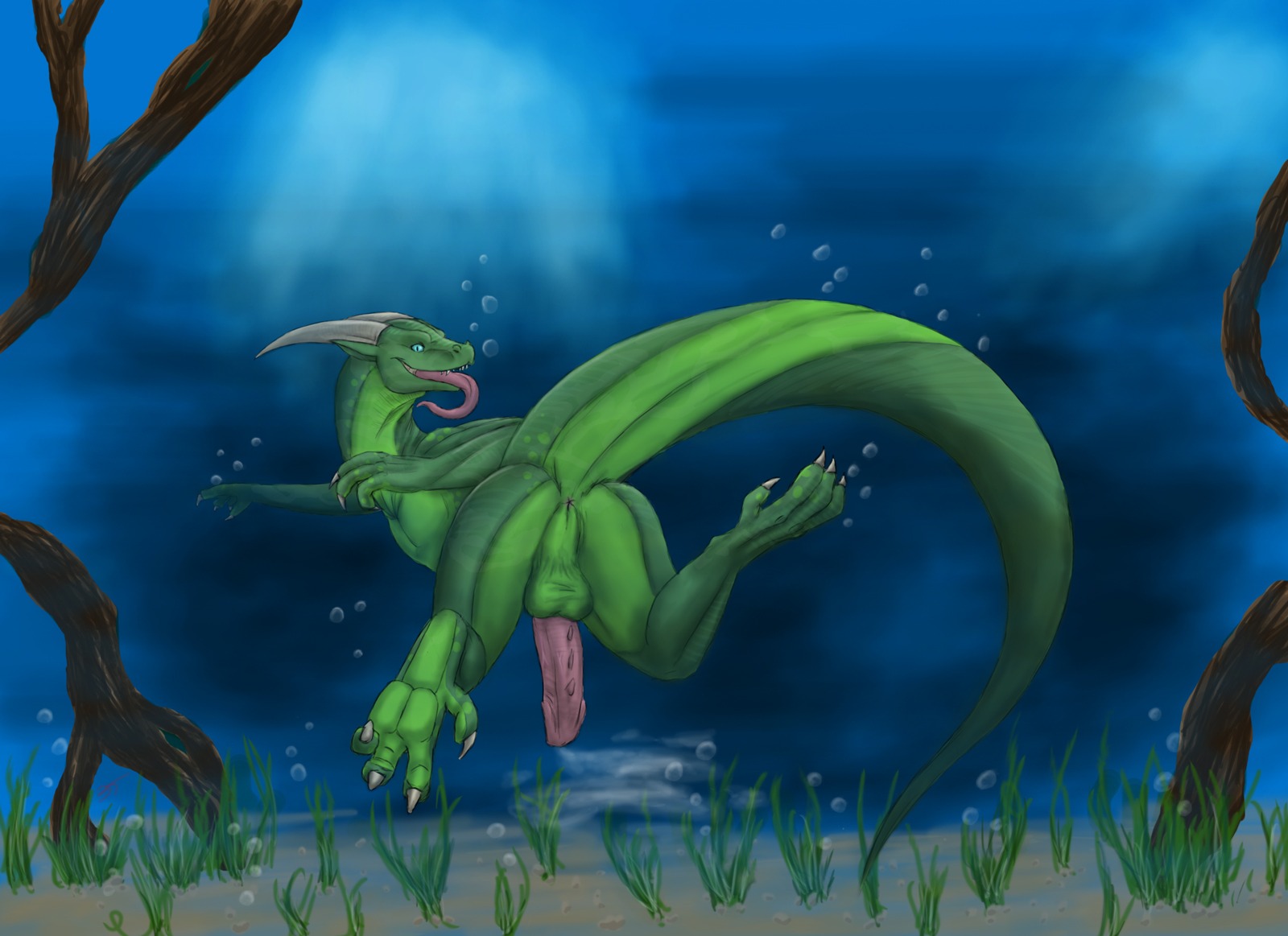 anus balls blacktalons blue_eyes dragon erection horn looking_back male male_only penis rule34 scalie swimming tail tojo_the_thief_(character) tongue tongue_out underwater
