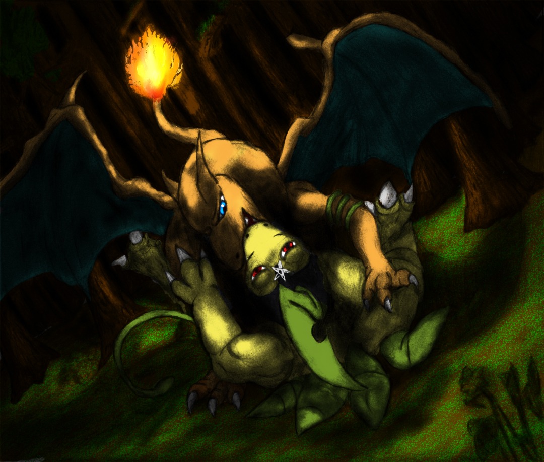 ambiguous_gender bayleef blue_eyes charizard detailed_background dragon duo dutch_angle e621 fan_character female feral feral_on_feral fire flaming_tail forest generation_1_pokemon generation_2_pokemon kissing leaf licking male male/female membrane_(anatomy) membranous_wings mythological_creature mythological_scalie mythology nicobay nintendo orange_body orange_skin outside plant pokemon pokemon_(species) red_eyes scalie sex tail tongue tongue_out tree unknown_artist wings wood