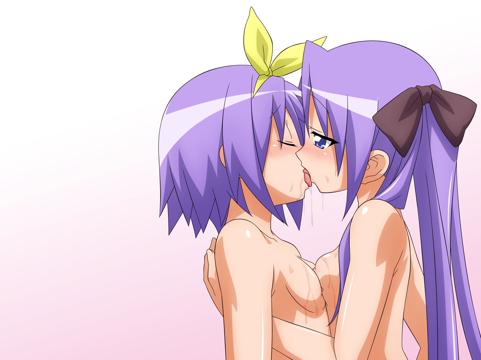 breast_press breasts erect_nipples female female_only human incest kagami_hiiragi kissing lucky_star multiple_females multiple_girls nipples nude rule34 siblings sister sisters small_breasts tsukasa_hiiragi twincest twins yuri